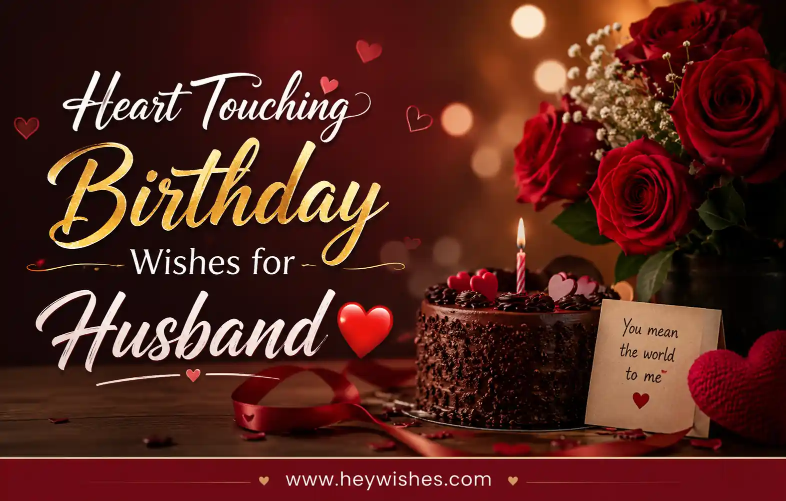 Romantic birthday banner for husband with roses, cake, hearts, stylish typography, and HeyWishes website footer.