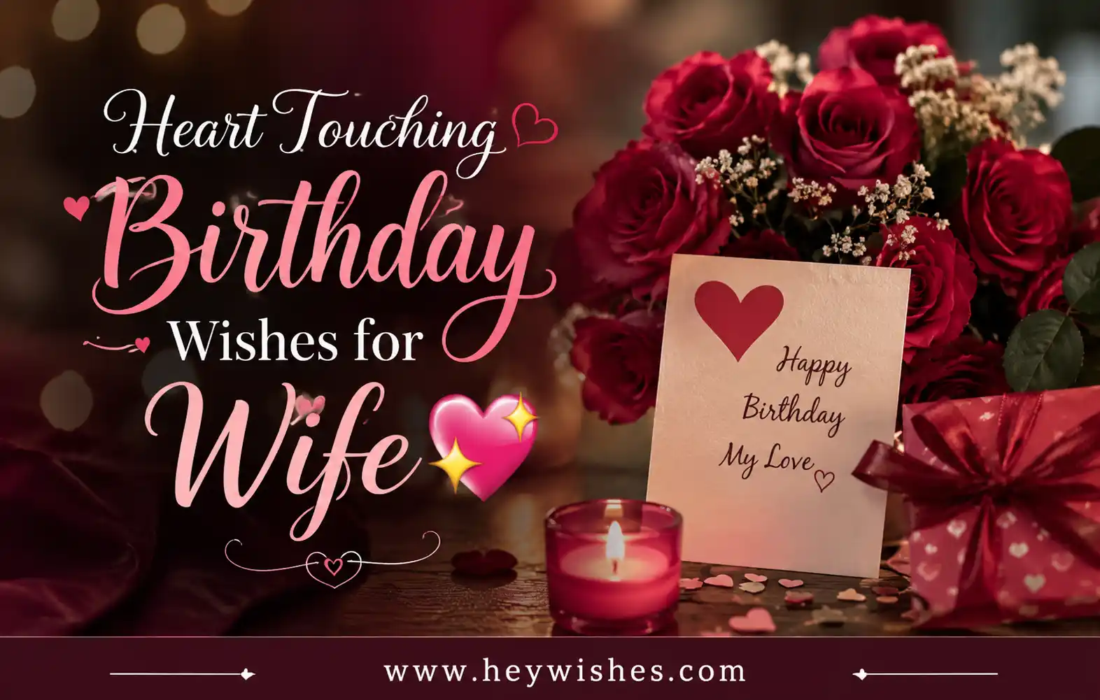 Romantic birthday banner with roses, candle, gift box, and stylish text “Heart Touching Birthday Wishes for Wife 💖” with website footer.