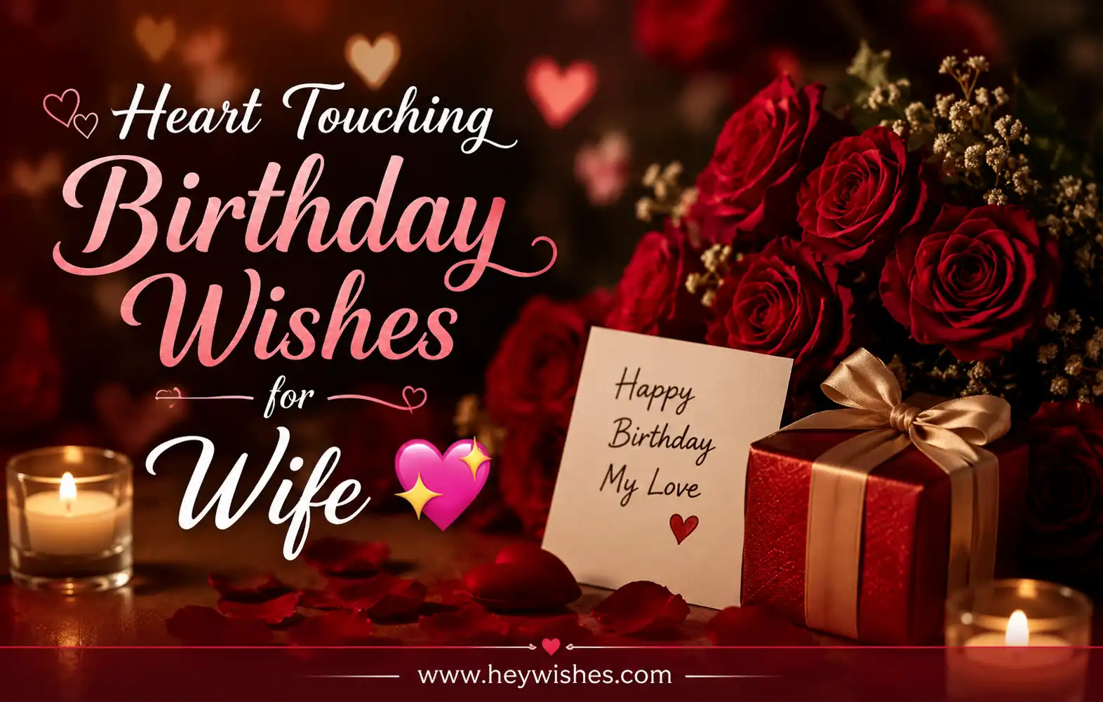 Romantic birthday greeting with red roses, candles, gift box, and heart-touching wishes for wife with elegant typography.