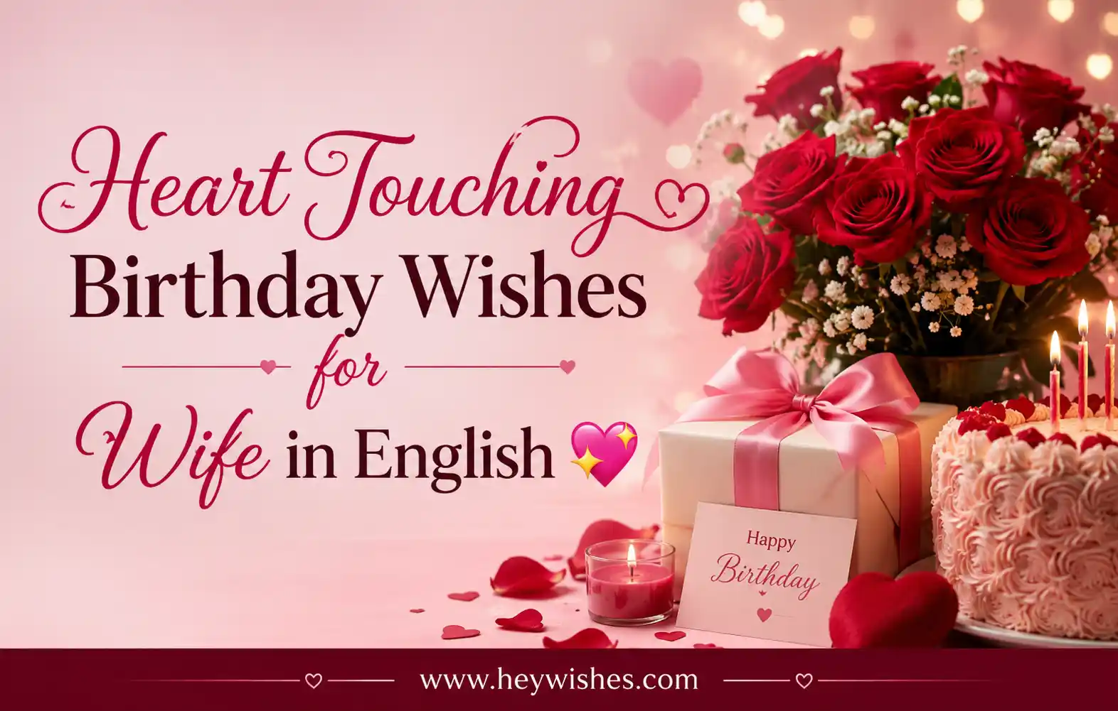 Romantic birthday wishes graphic for wife with roses, cake, gift box, heart theme, and elegant typography on pink background.