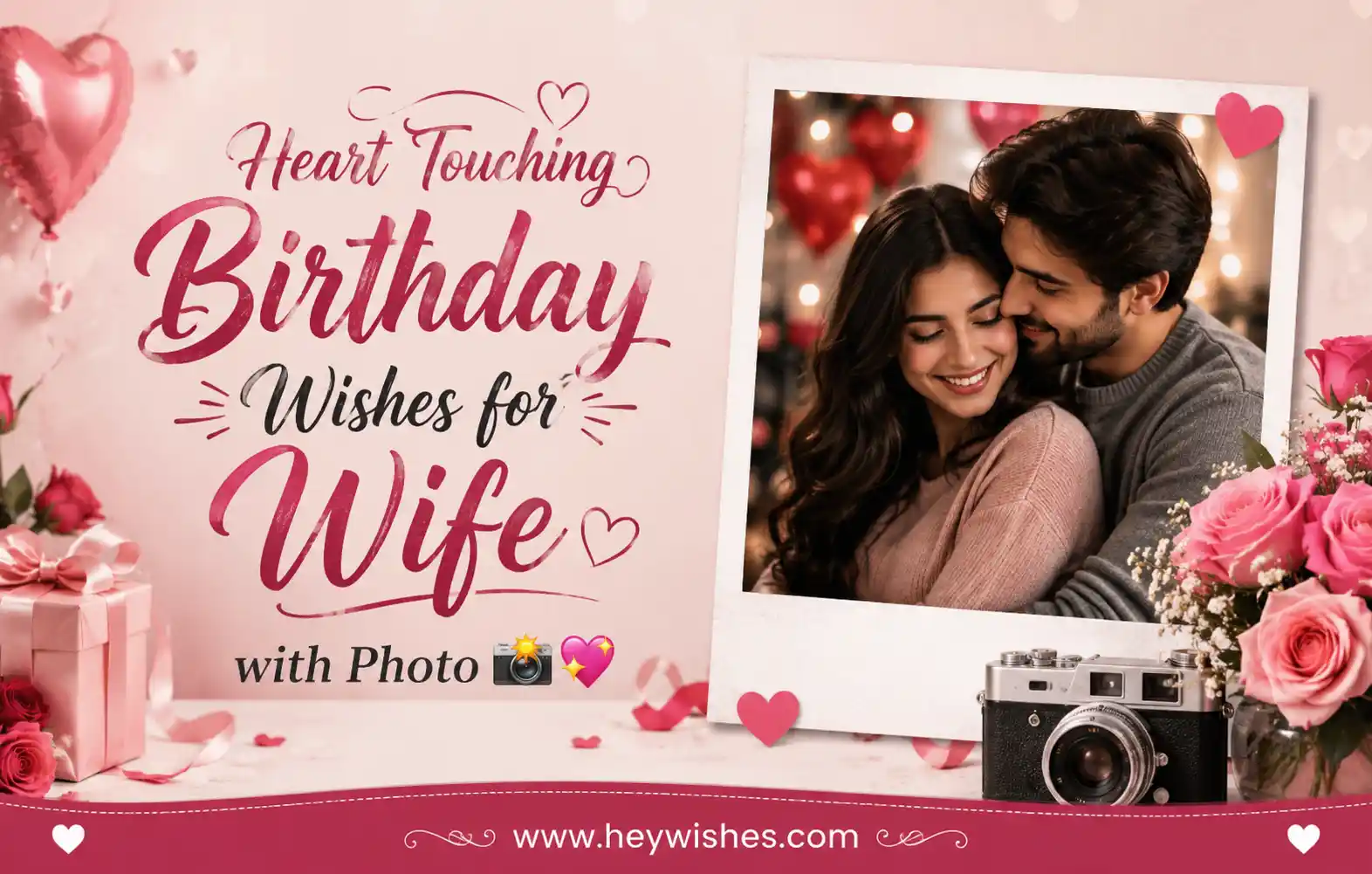 Romantic birthday wishes graphic for wife with couple photo frame, roses, hearts, camera, and soft pink pastel background.