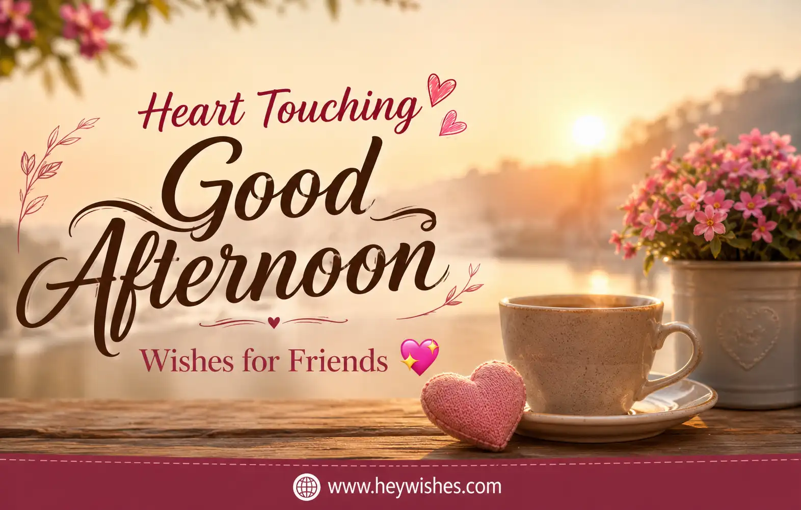 Heart touching good afternoon wishes for friends with cozy coffee, flowers, and warm sunset background 💖