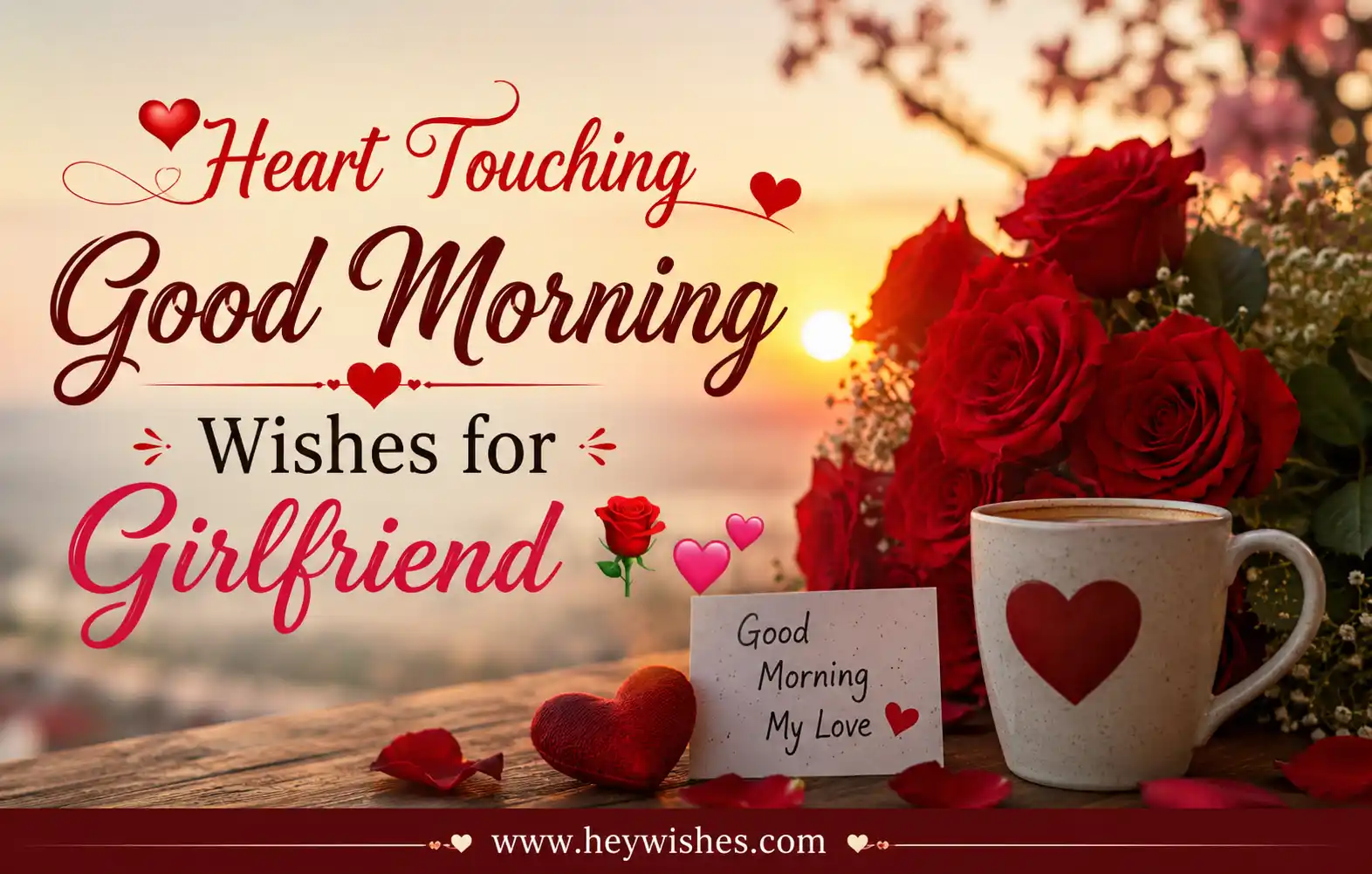 Romantic good morning wishes graphic with red roses, coffee mug, hearts, and sunrise background for girlfriend.