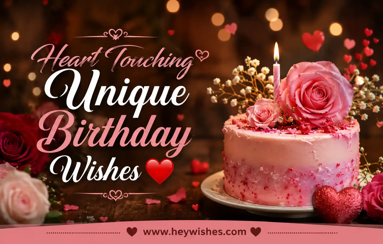 Heart Touching Unique Birthday Wishes ❤️ with romantic cake, roses, glowing lights, and heartfelt birthday background design.