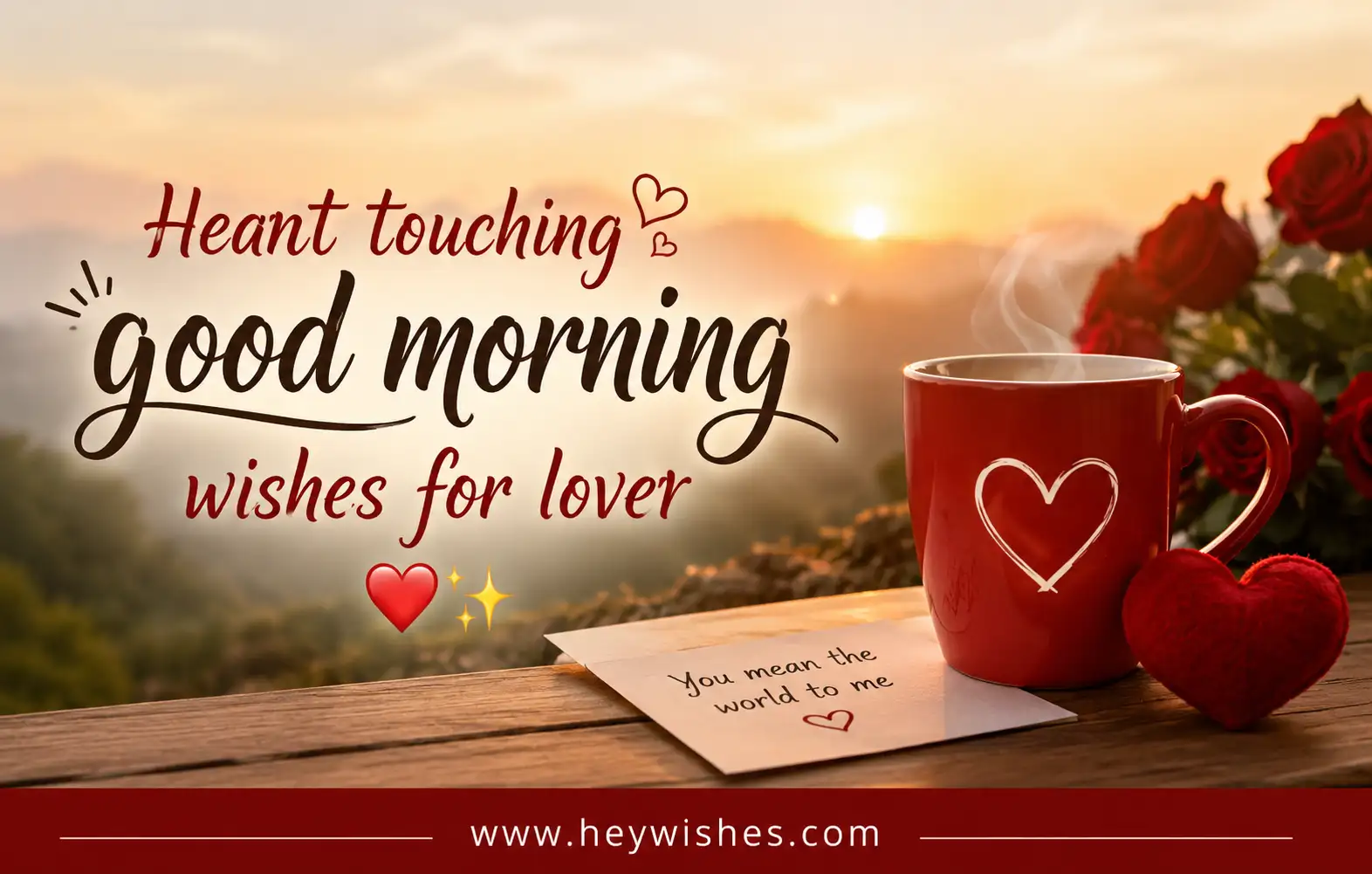 Romantic good morning image with sunrise, roses, heart mug, and heartfelt wishes for lover with warm cozy vibes.