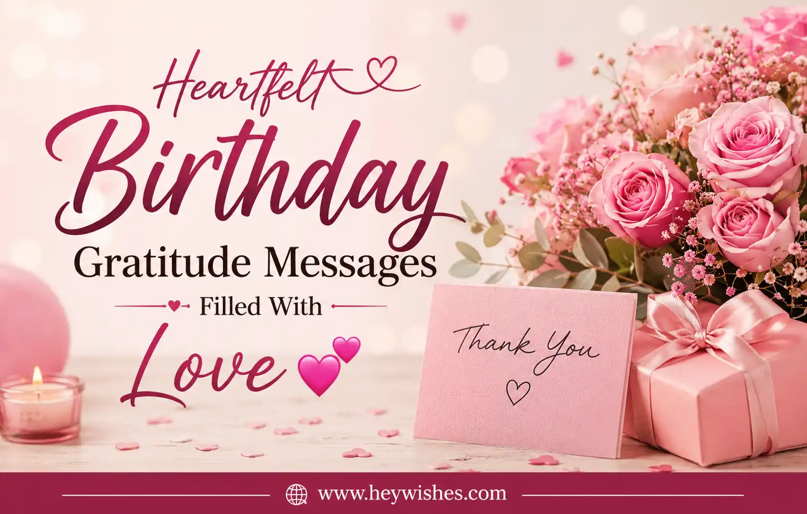 Heartfelt Birthday Gratitude Messages Filled With Love 💕 featuring pink roses, gift box, thank-you card, and elegant typography on a romantic pastel background.