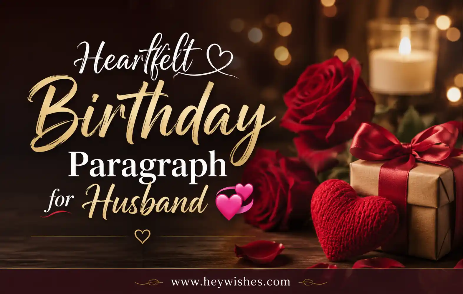Romantic birthday banner with roses, gift box, candlelight, and stylish text “Heartfelt Birthday Paragraph for Husband 💞”.