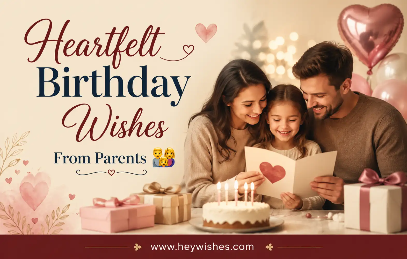 Heartfelt birthday wishes from parents with a loving family, birthday cake, gifts, and cozy celebration scene.