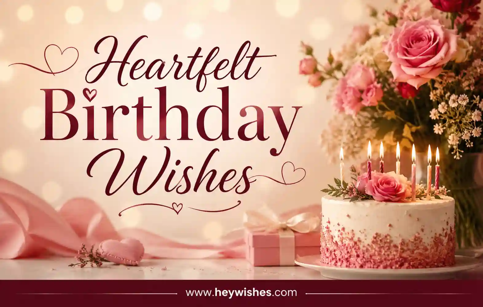 Elegant birthday wishes graphic with pink roses, cake candles, soft lights, and stylish typography on a warm pastel background.