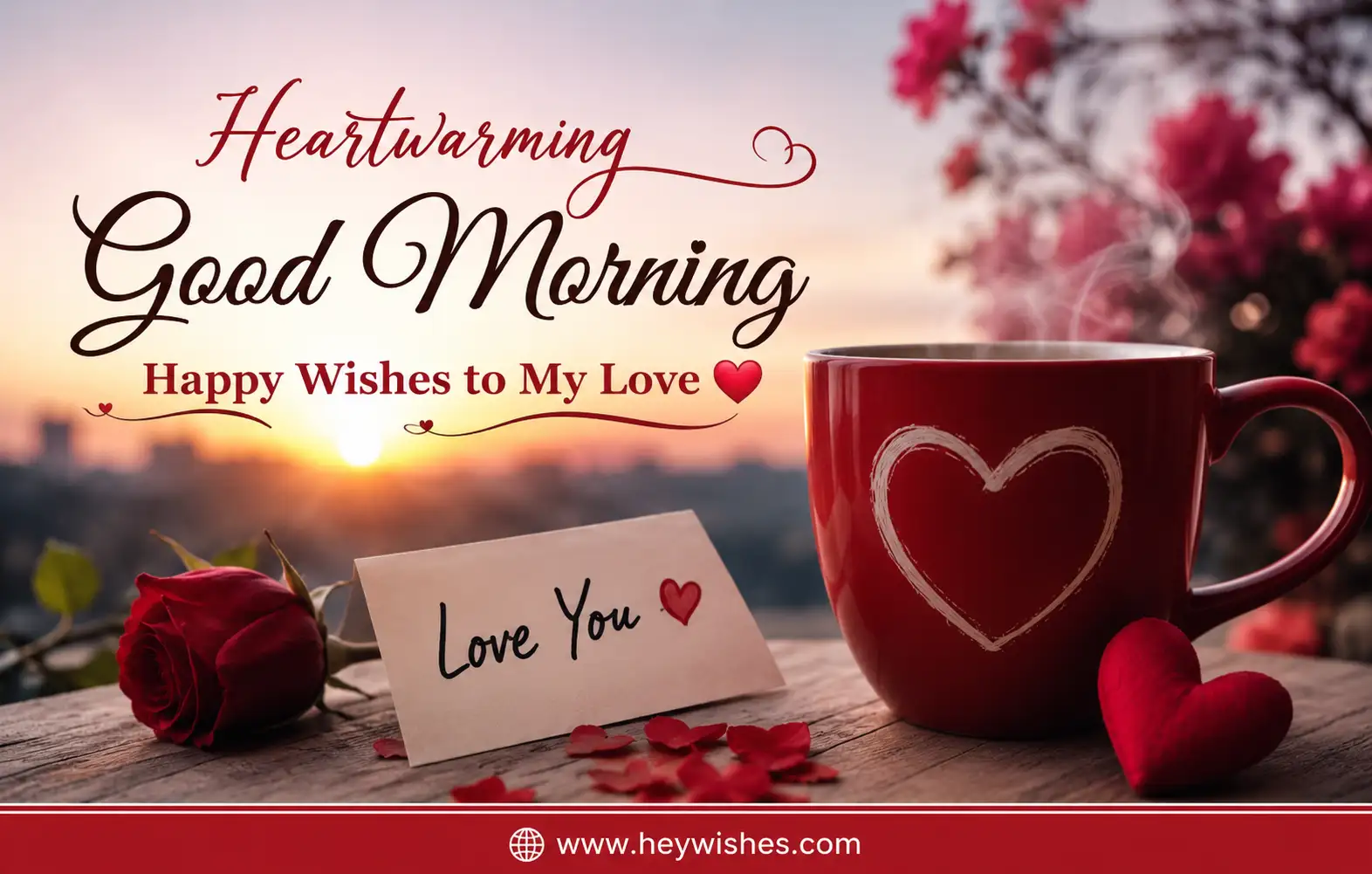Heartwarming good morning greeting with sunrise, red heart mug, rose, love note, and romantic wishes for my love.