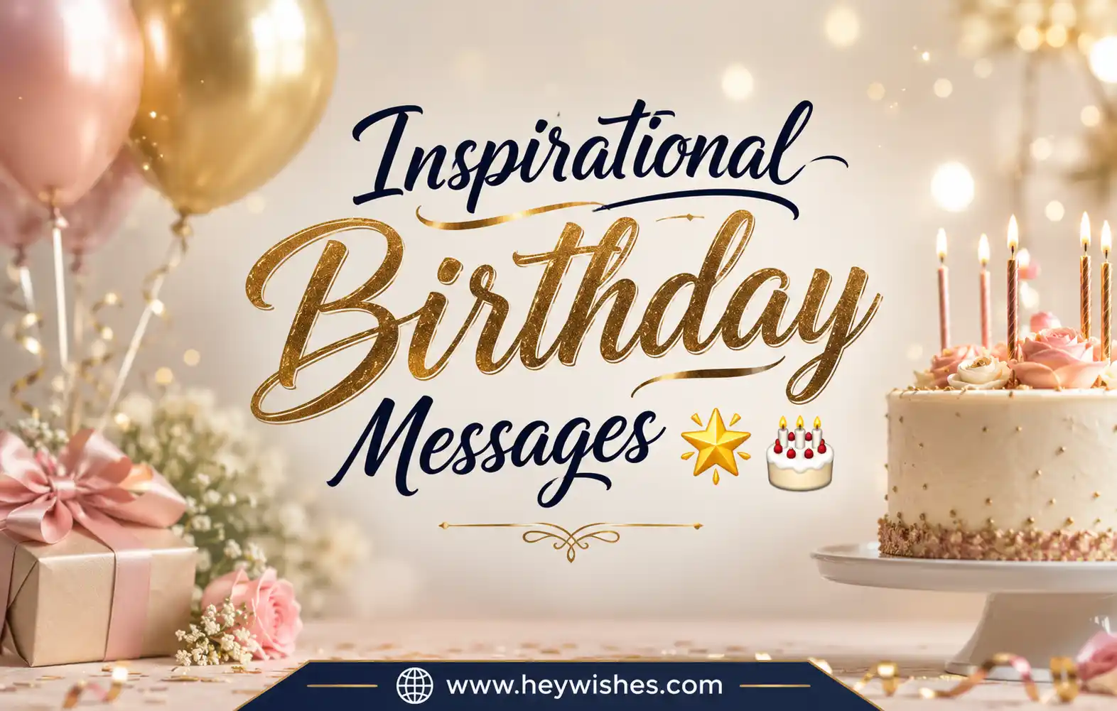 Elegant birthday graphic with stylish gold typography, balloons, cake, candles, and festive decorations on a soft glowing background.