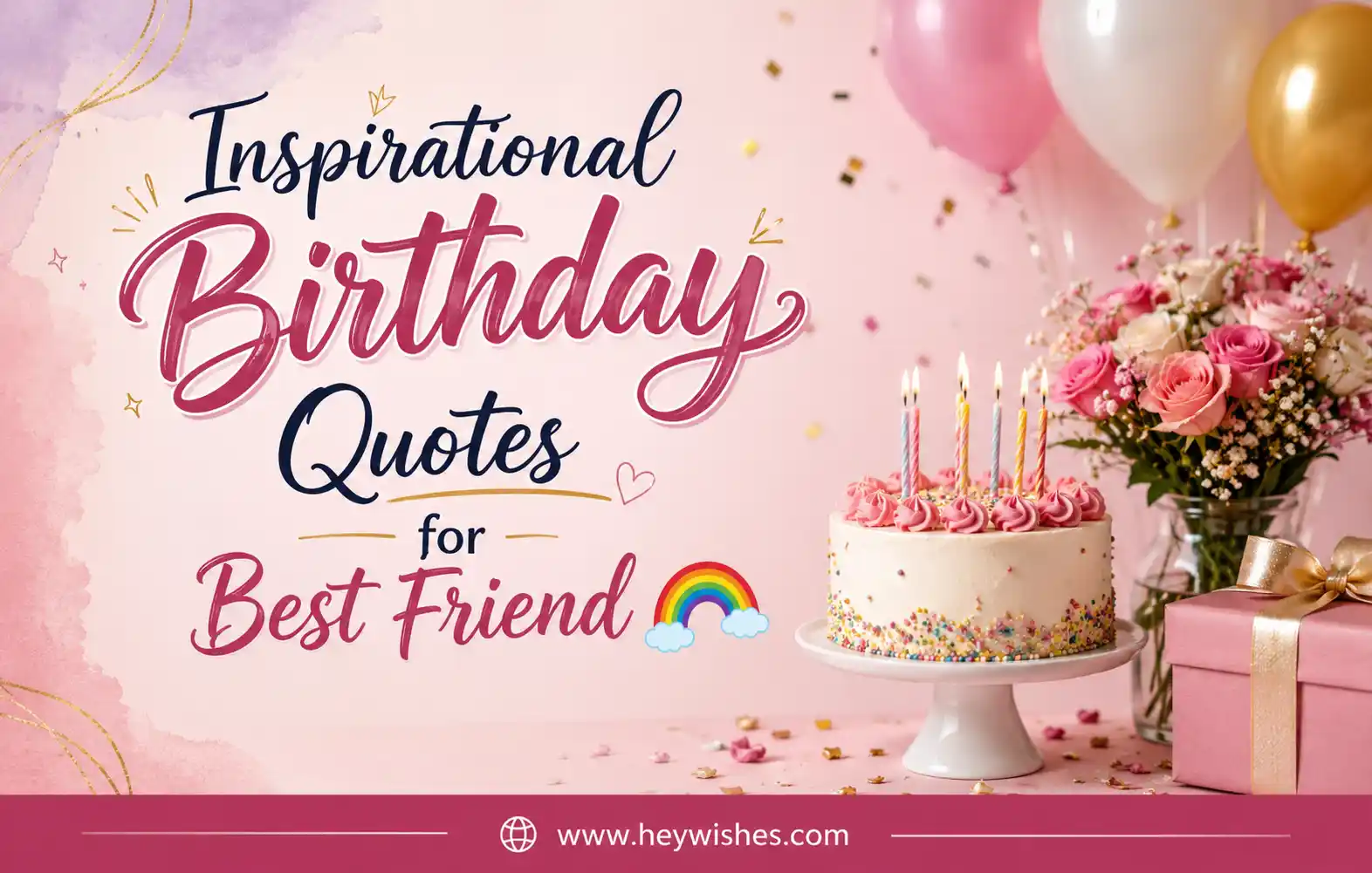 Stylish pink birthday graphic with cake, balloons, flowers, and rainbow featuring inspirational quotes for a best friend.