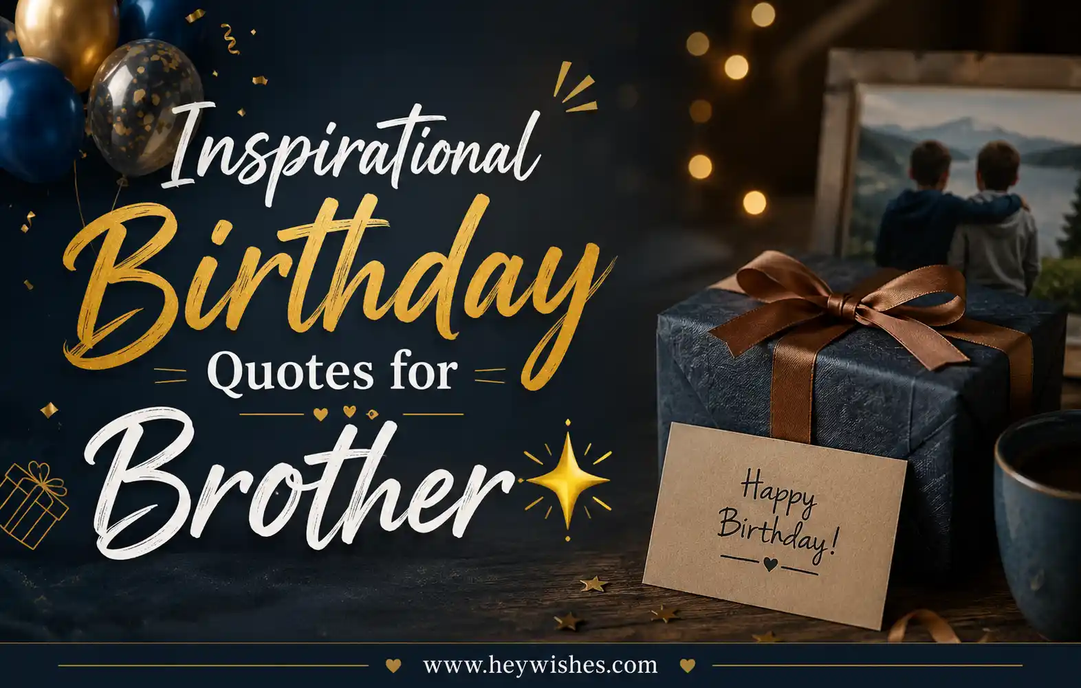 Inspirational birthday quote graphic for brother with balloons, gift box, warm lights, and stylish golden typography.
