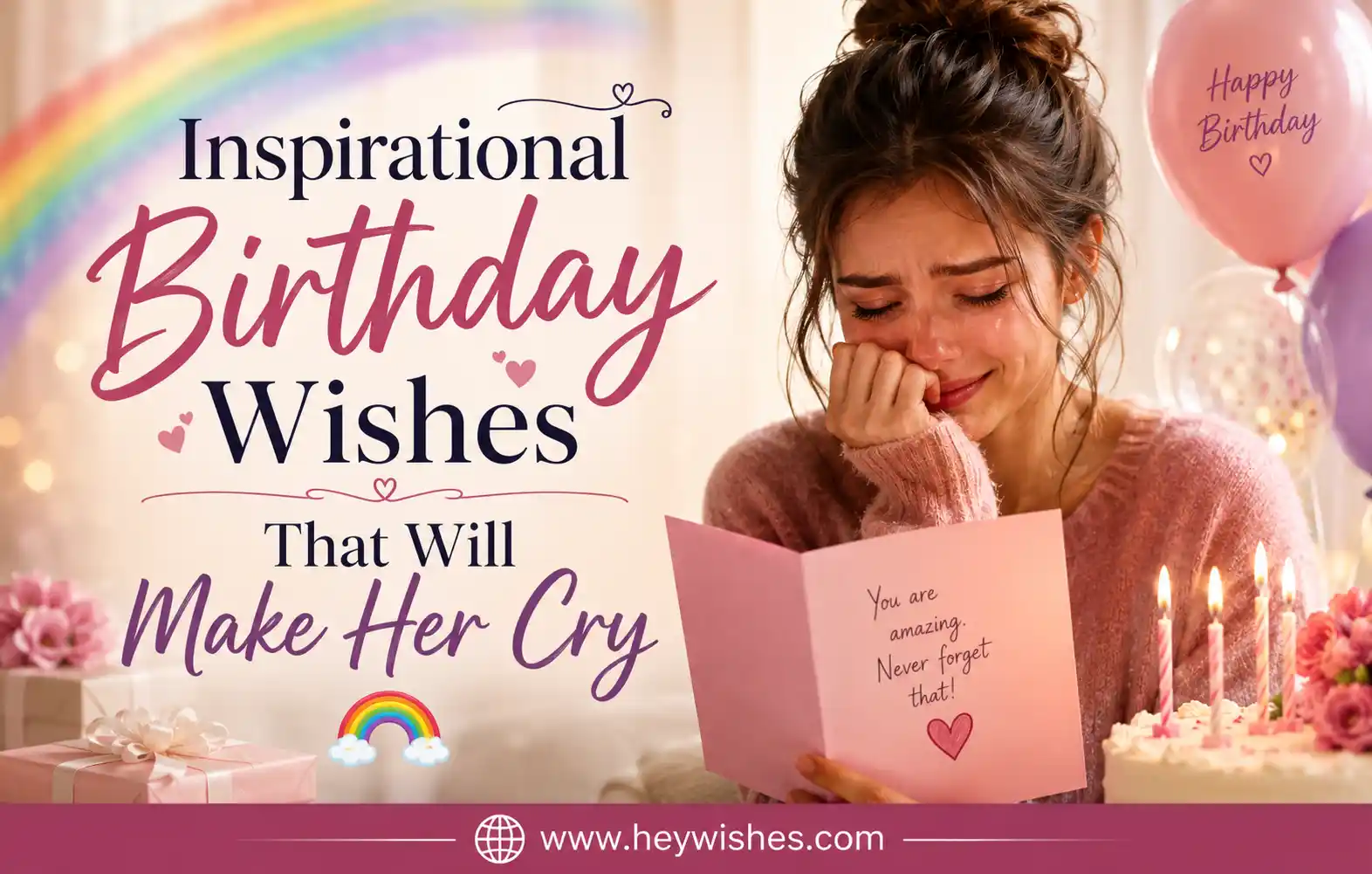 Emotional birthday card design with stylish typography, rainbow theme, and a woman tearing up while reading heartfelt wishes.