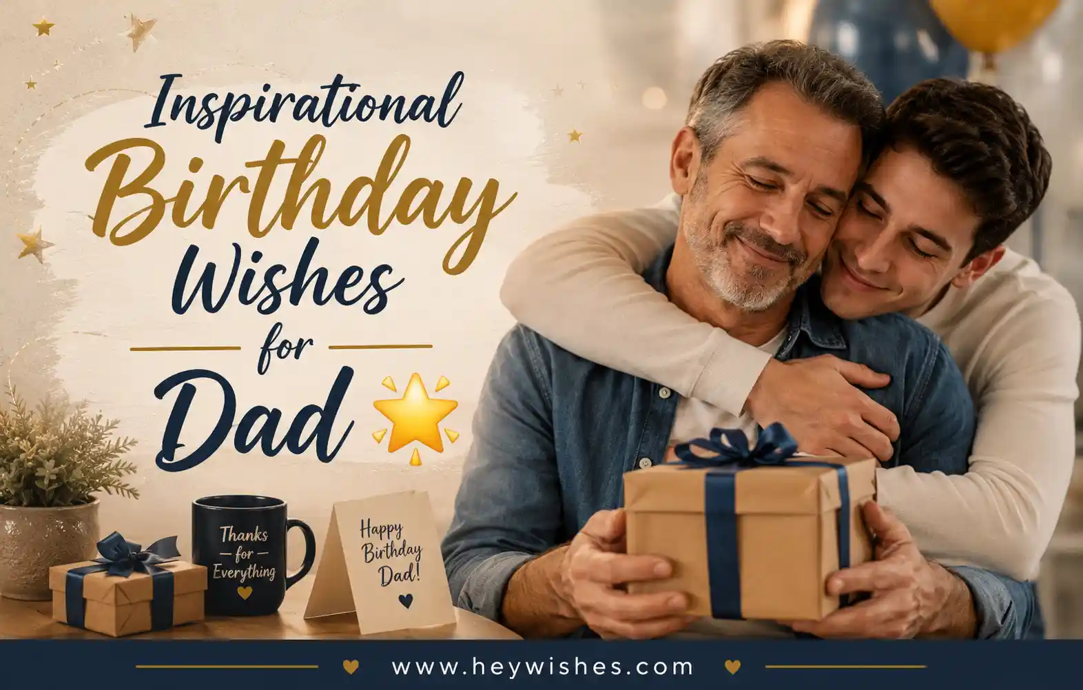 Inspirational birthday wishes for dad image with heartfelt father-son moment, gift box, warm lighting, and elegant birthday typography.