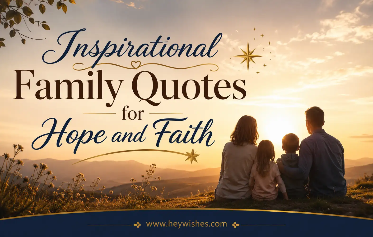 Inspirational family quote banner with a family at sunset, glowing sky, hope and faith theme, and HeyWishes branding.