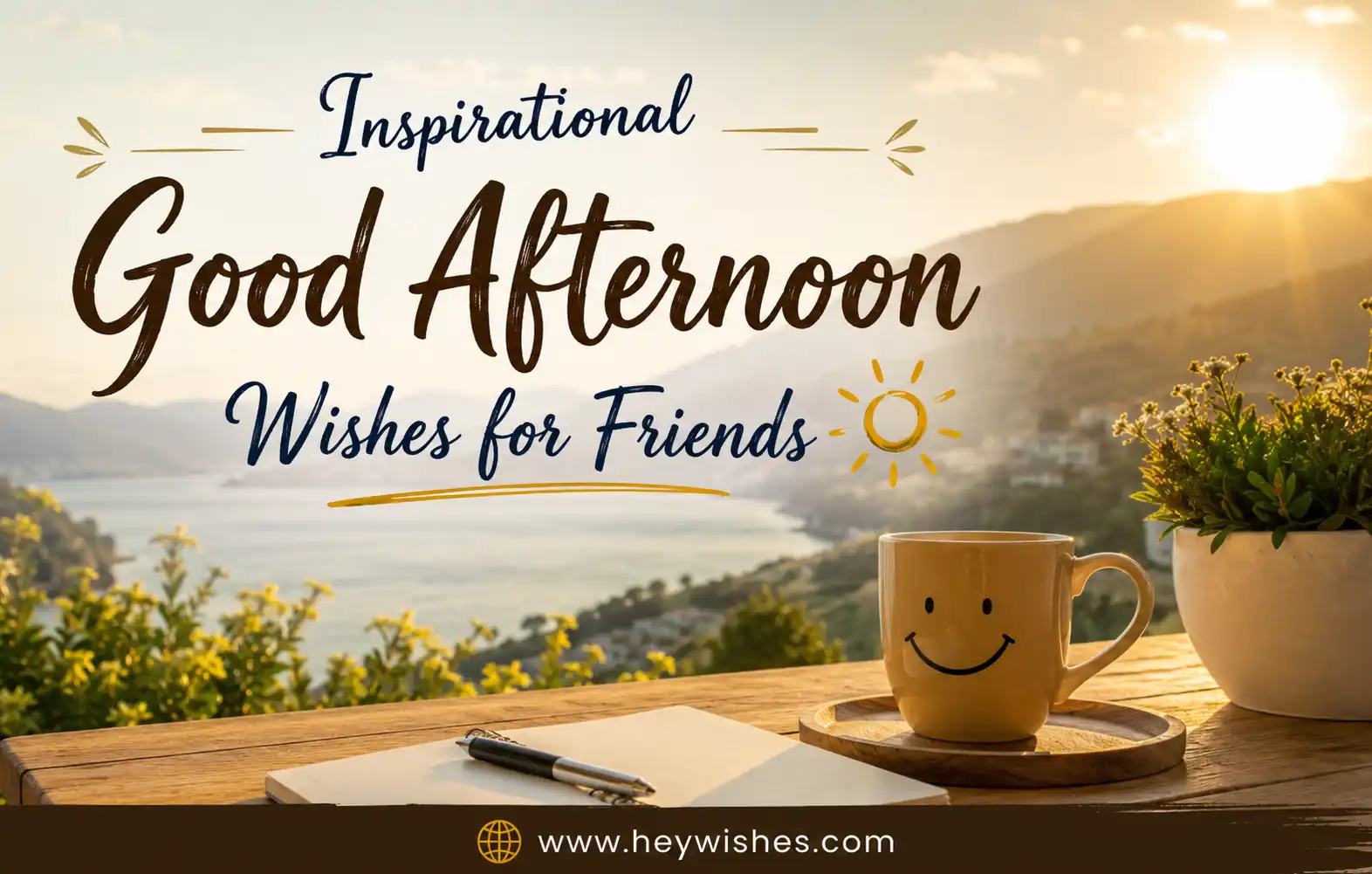Inspirational good afternoon wishes for friends with sunny mountain view, coffee mug, warm golden light, and uplifting typography design.