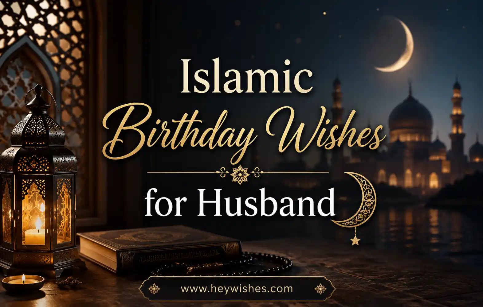 Elegant Islamic birthday wishes banner for husband with crescent moon, mosque, lantern, Quran, and golden typography on a serene night background.