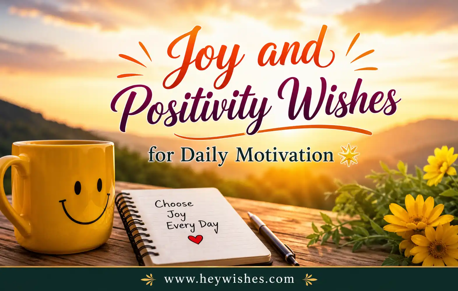 Inspirational sunrise scene with joyful typography, smiley mug, flowers, and daily motivation message plus HeyWishes branding.