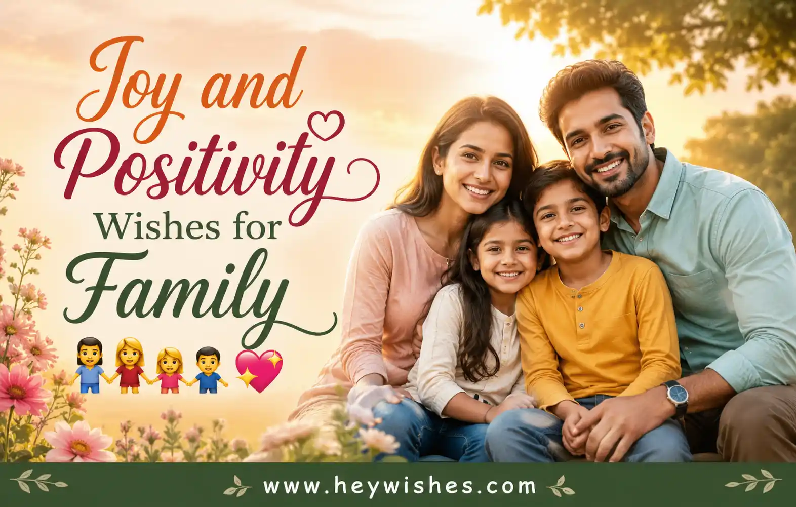 Joyful family sharing love and positivity outdoors with warm smiles, floral background, and heartfelt wishes design.