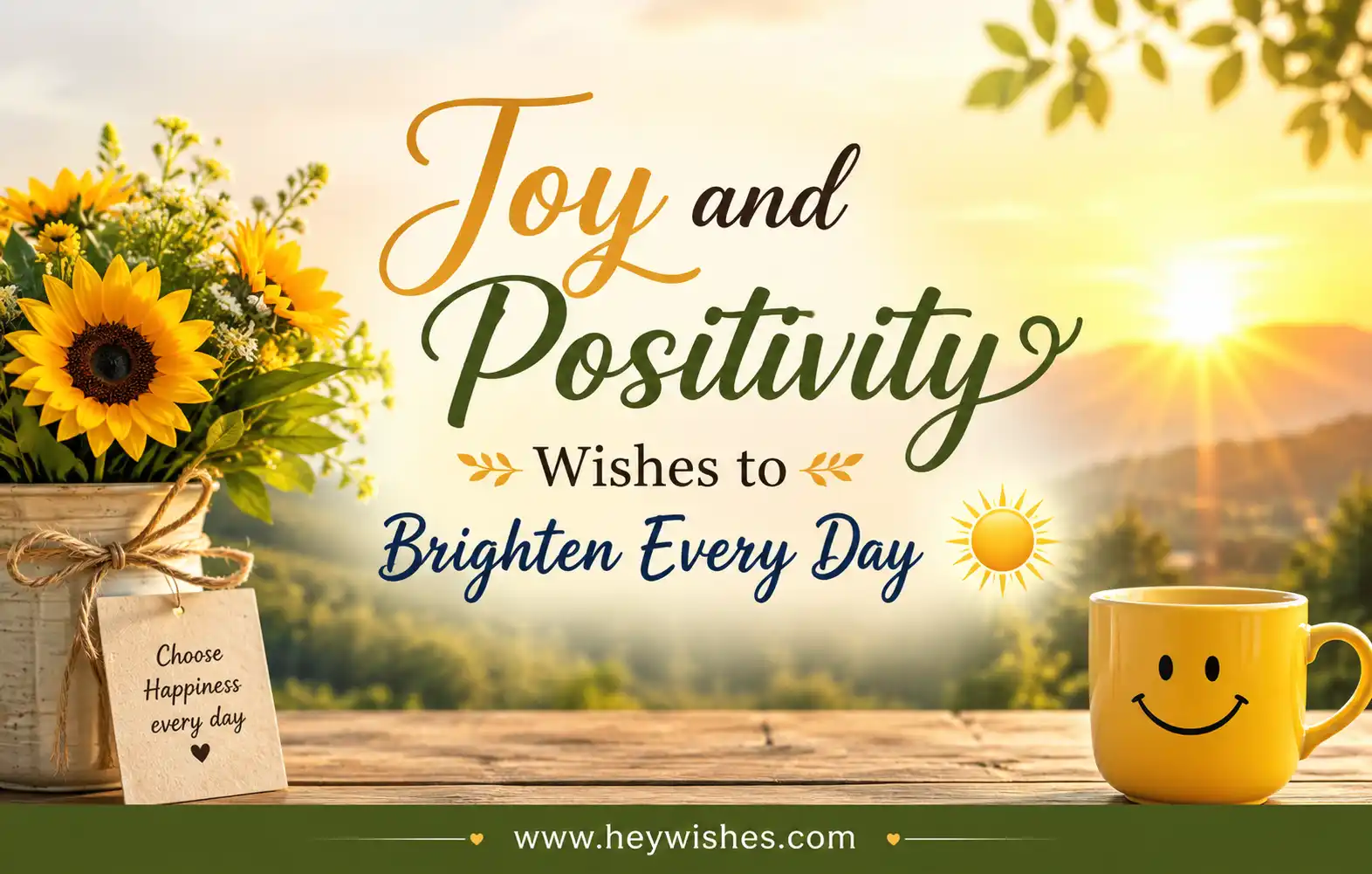 Bright sunrise scene with sunflowers, smiley mug, and uplifting “Joy and Positivity Wishes to Brighten Every Day” message.
