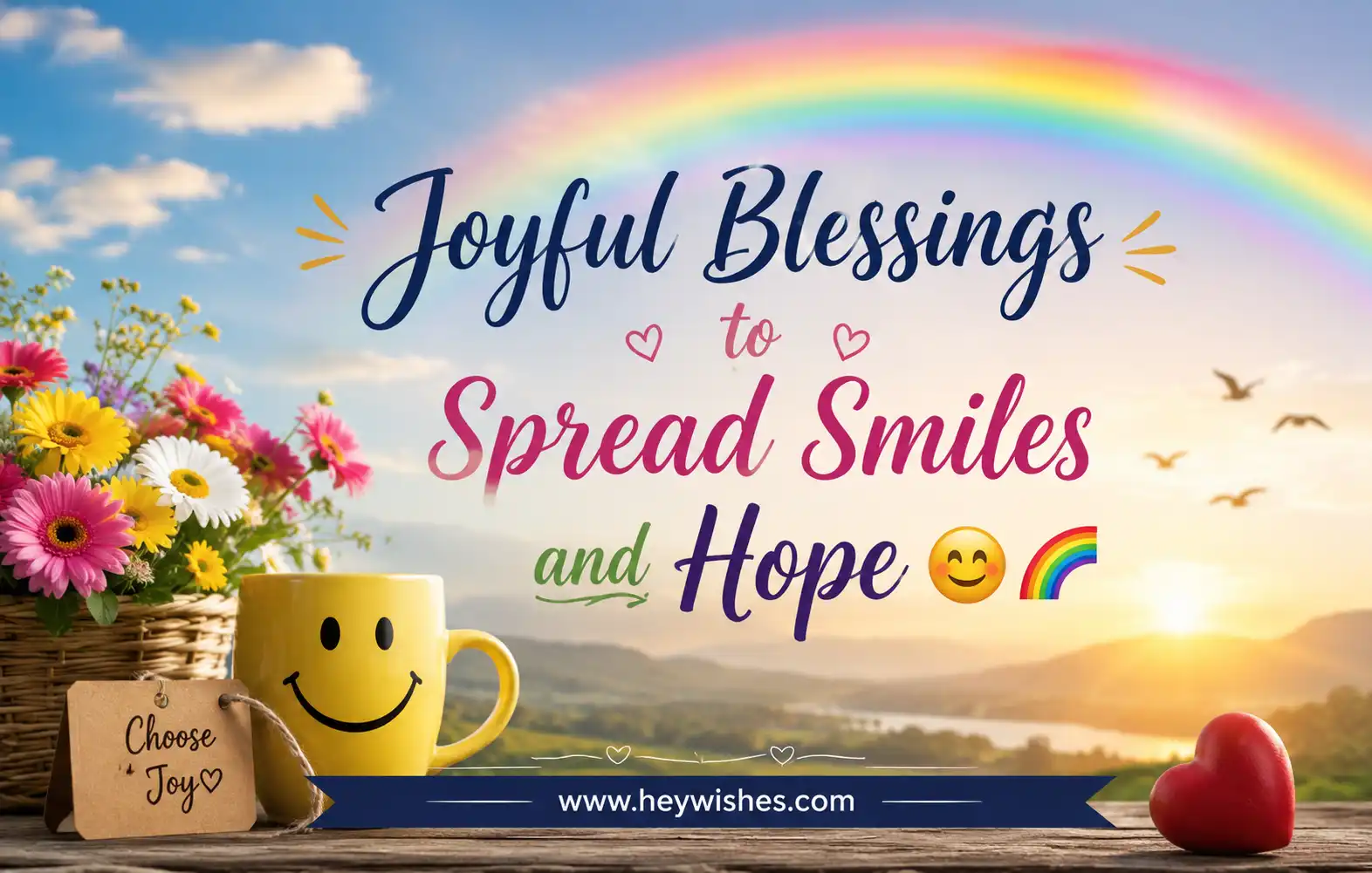 Joyful blessings poster with rainbow, flowers, smiley mug, sunrise, and uplifting quote spreading hope and happiness.