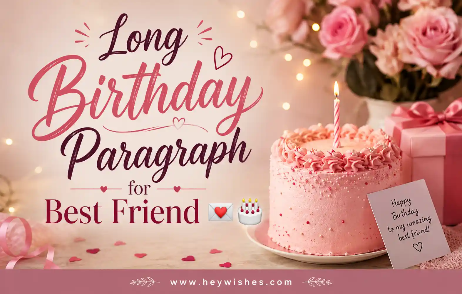 Pink birthday cake and gifts with stylish text “Long Birthday Paragraph for Best Friend” in a soft pastel celebration theme.
