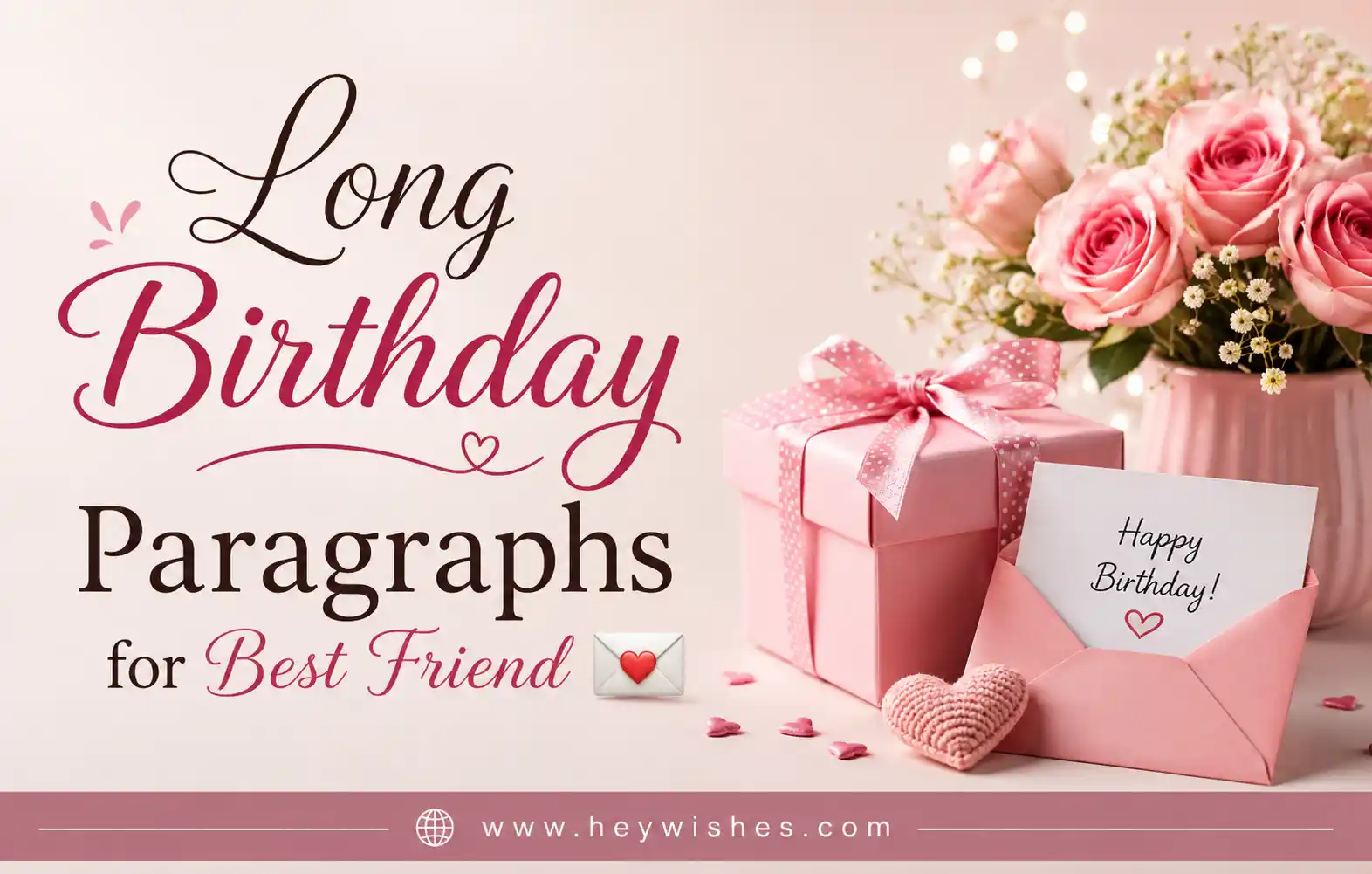Elegant pink birthday banner with roses, gift box, envelope, and stylish text for long birthday paragraphs for a best friend.