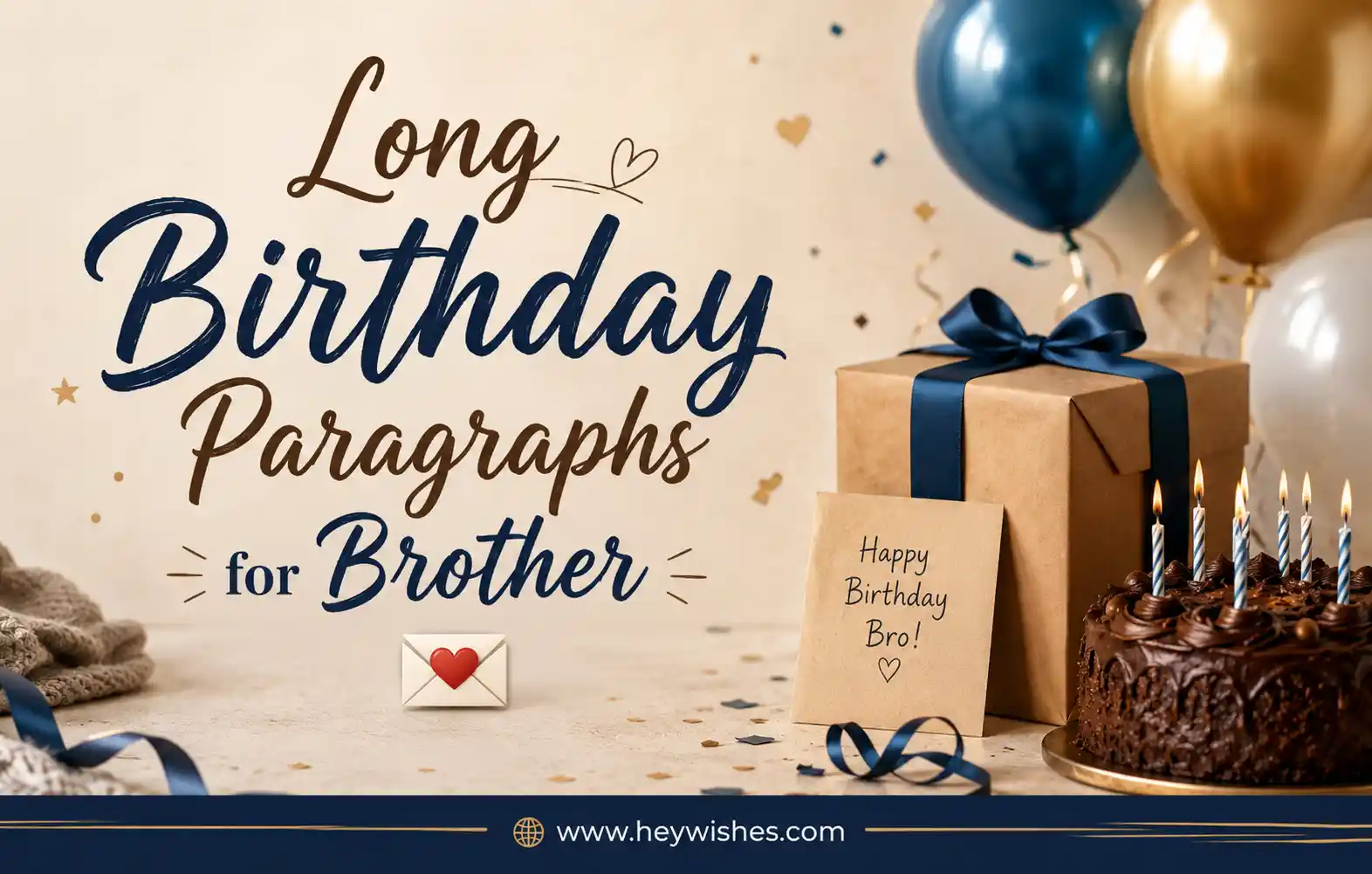 Realistic birthday banner with cake, balloons, gift box, and stylish text saying “Long Birthday Paragraphs for Brother 💌”