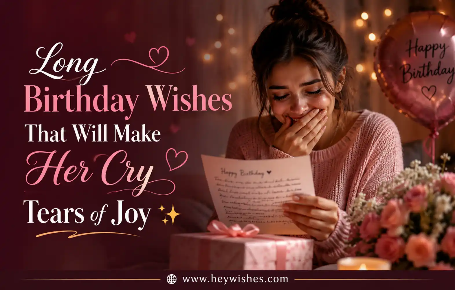 Emotional birthday wishes graphic with a joyful woman reading a heartfelt message in a warm romantic birthday setting