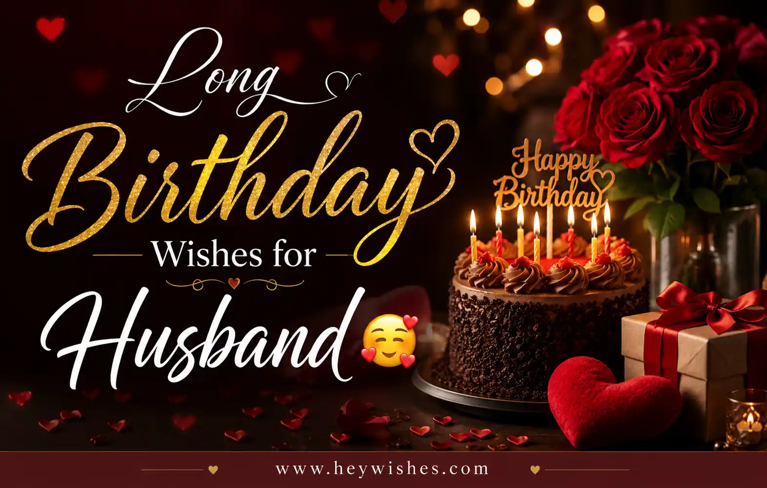 Romantic birthday banner for husband with stylish gold text, cake, roses, gifts, heart emojis, and heywishes.com footer.