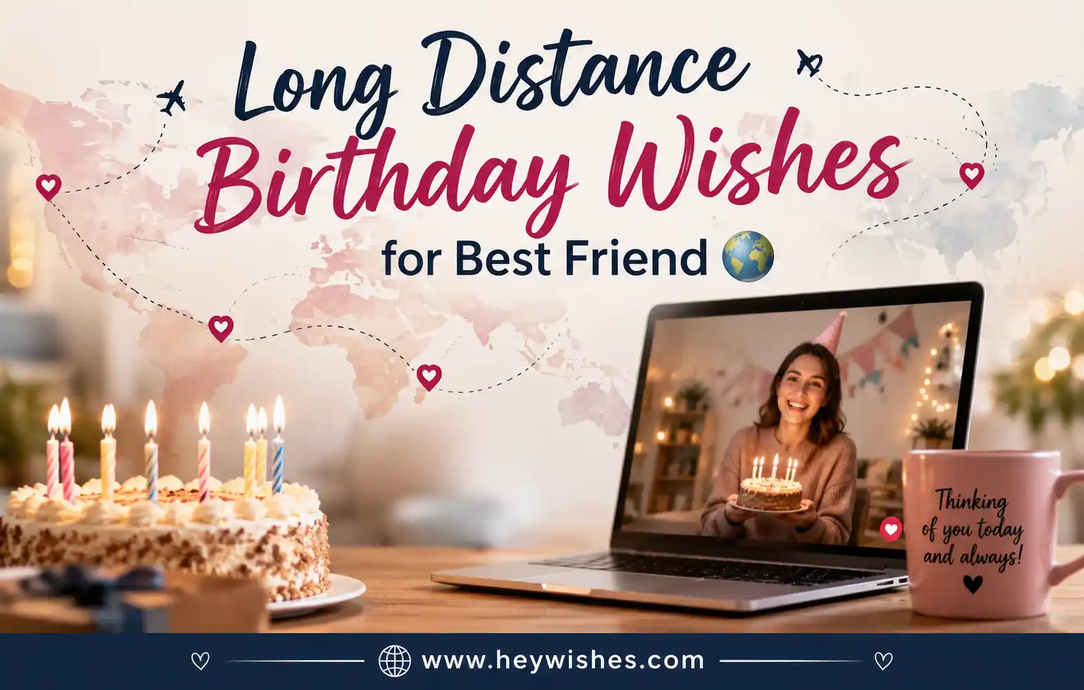 Long-distance birthday wishes graphic with world map, birthday cake, video call, and heartfelt friendship theme.