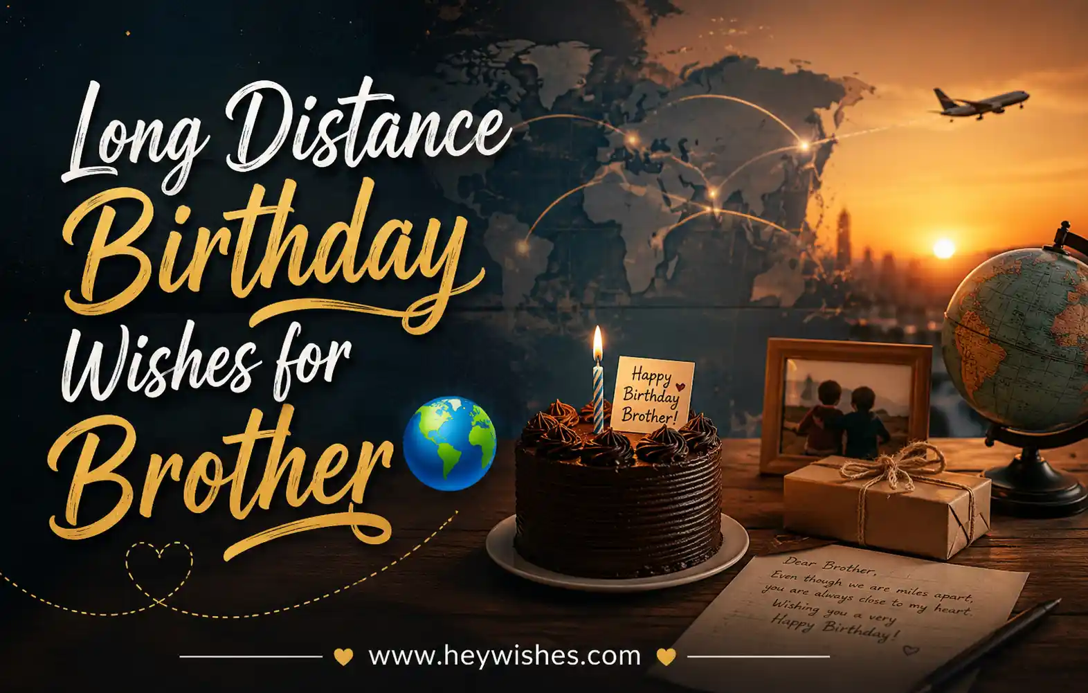 Long distance birthday wishes image with globe, cake, airplane, and heartfelt brother message at sunset background.