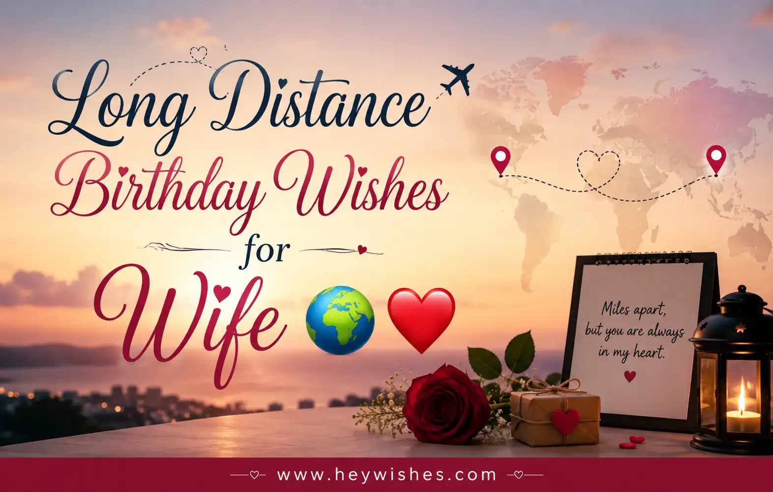 Long Distance Birthday Wishes for Wife with romantic world map, hearts, travel graphics, rose, and heywishes.com footer.