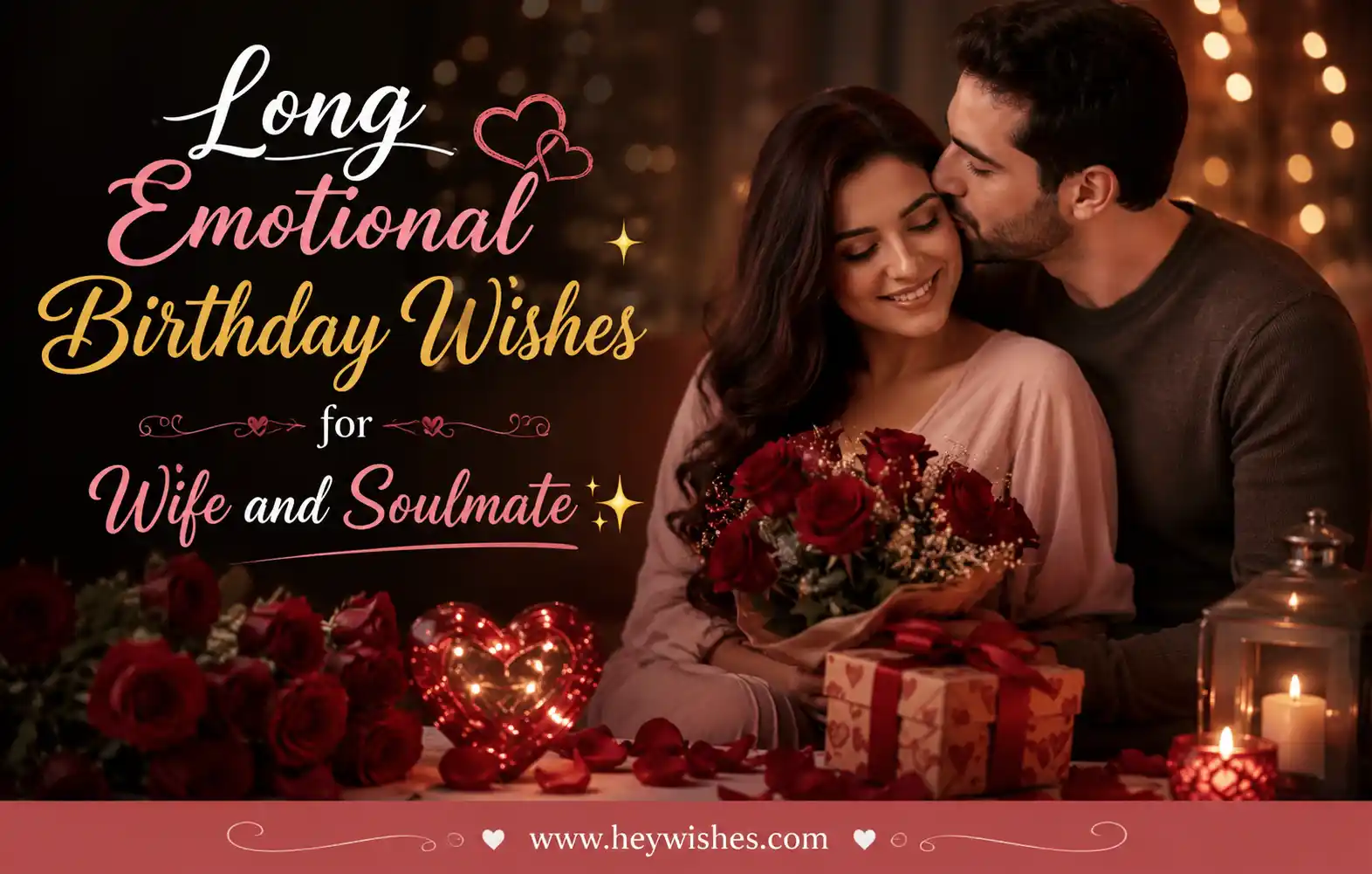 Romantic birthday wishes pin with loving couple, roses, candles, and elegant typography for wife and soulmate celebration.