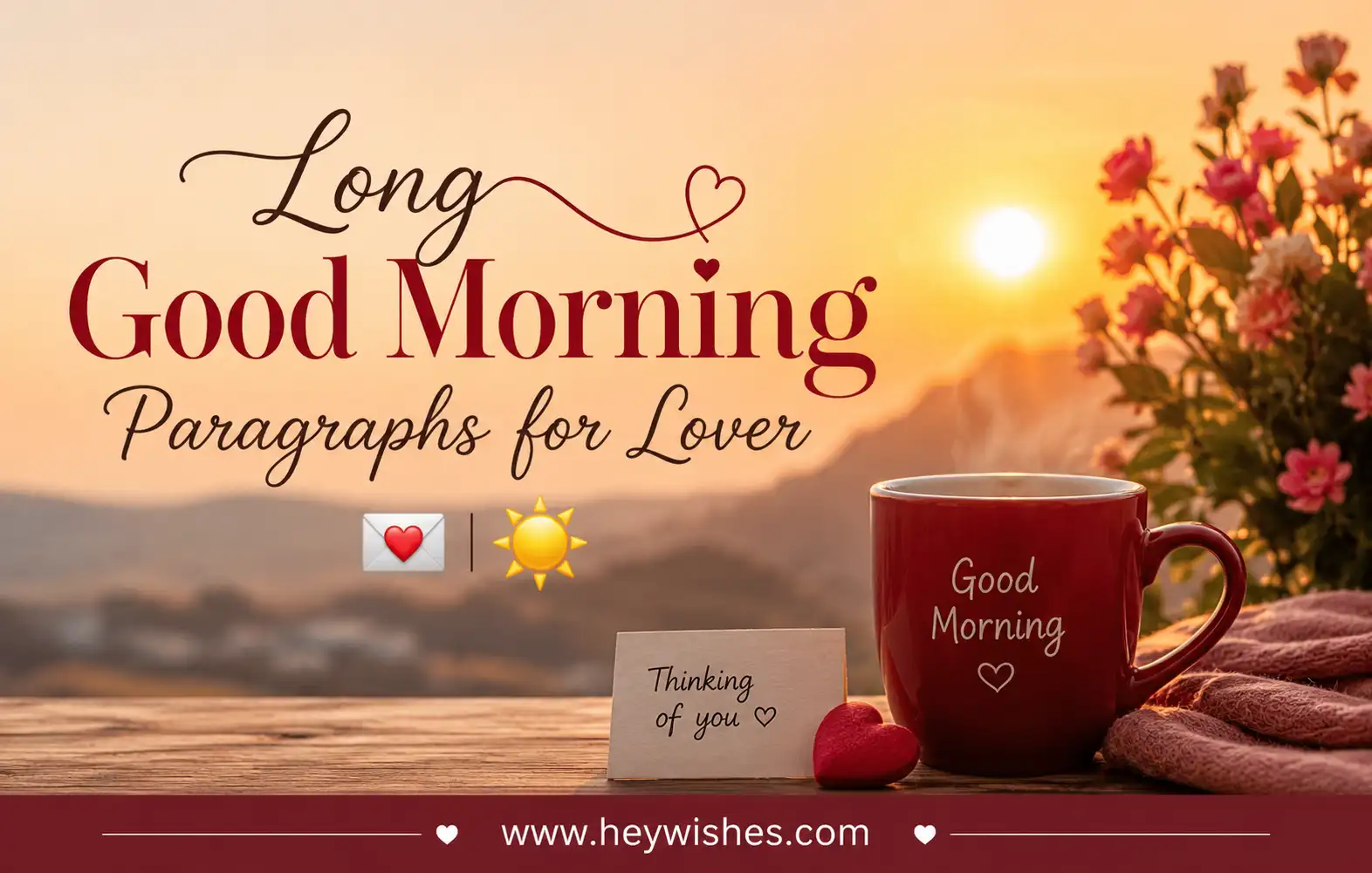 Romantic sunrise scene with coffee mug, flowers, and heartfelt note featuring “Long Good Morning Paragraphs for Lover 💌☀️”.