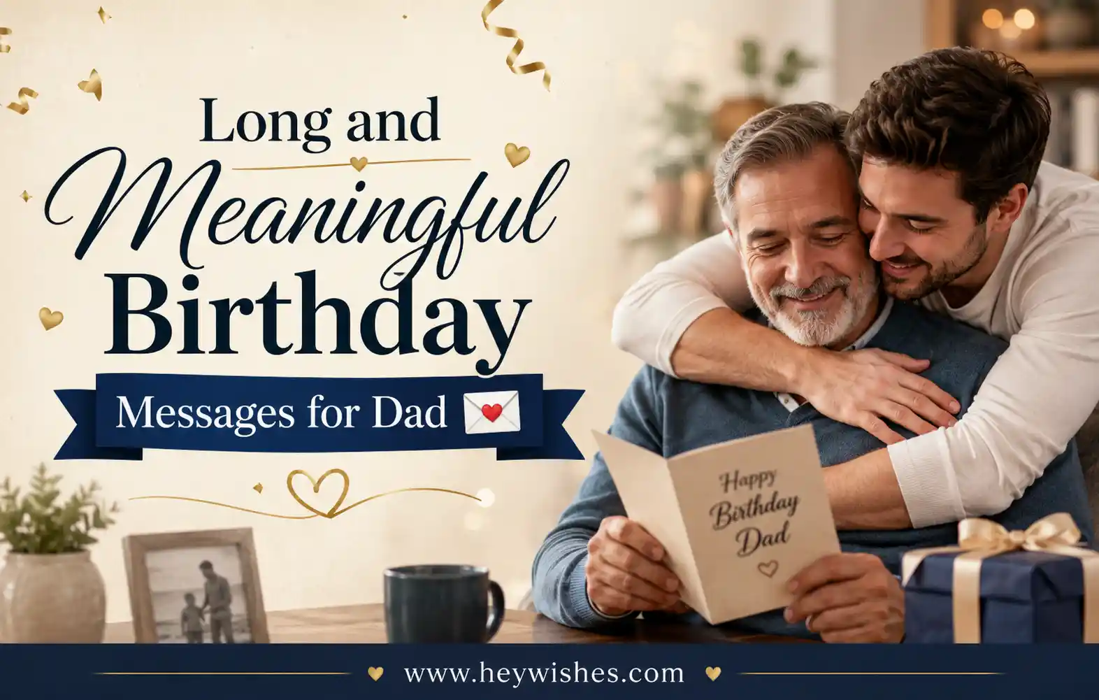 Heartwarming birthday banner for dad with meaningful message text and loving father-son moment.