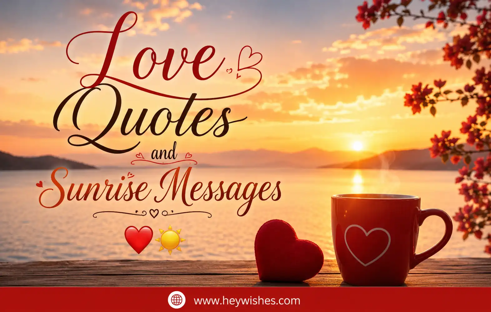 Romantic sunrise with love quotes text, heart mug, and warm golden morning background for HeyWishes banner.