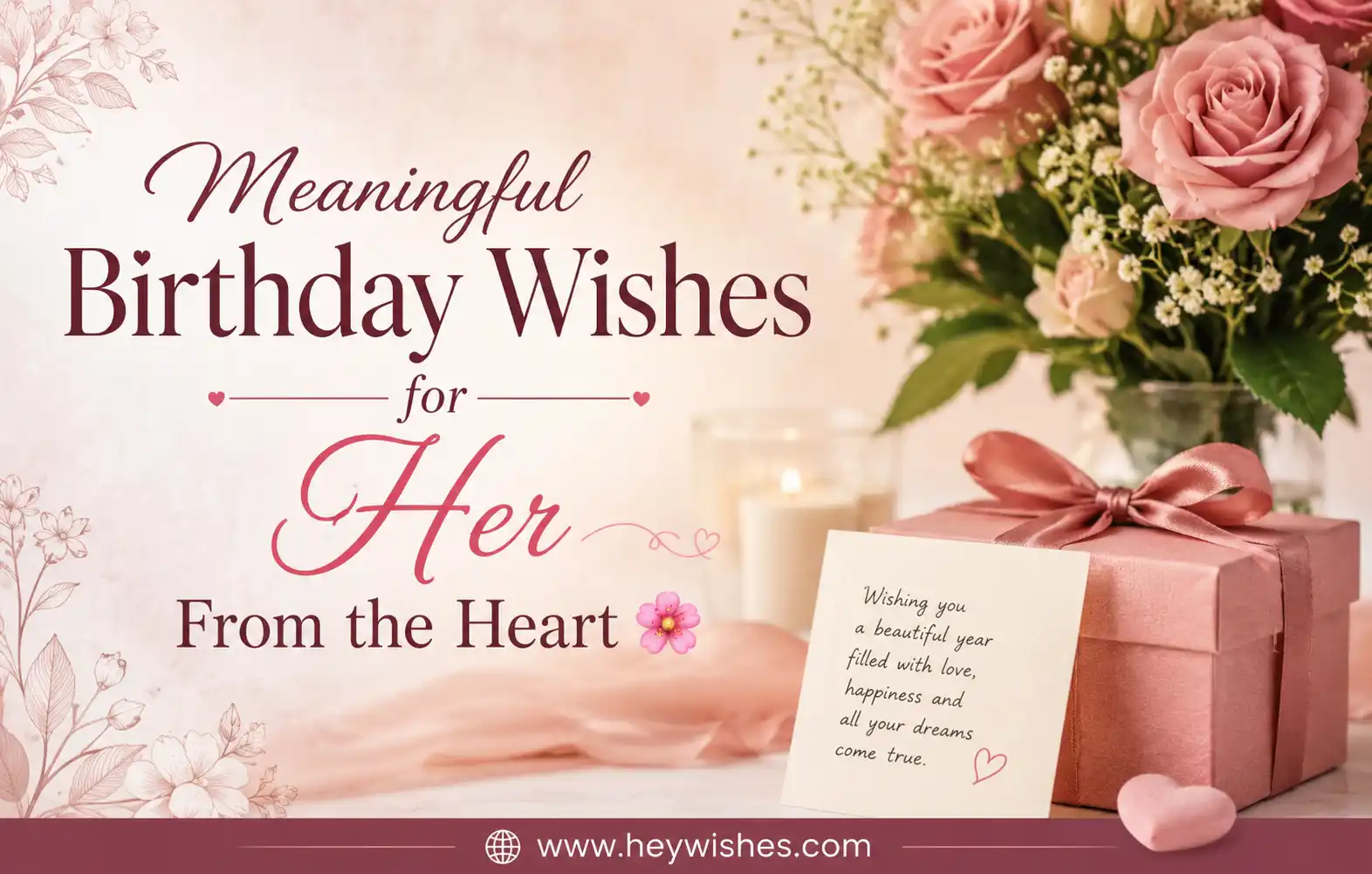 Meaningful birthday wishes image with elegant floral design, heartfelt typography, pink roses, gift box, and romantic feminine background.