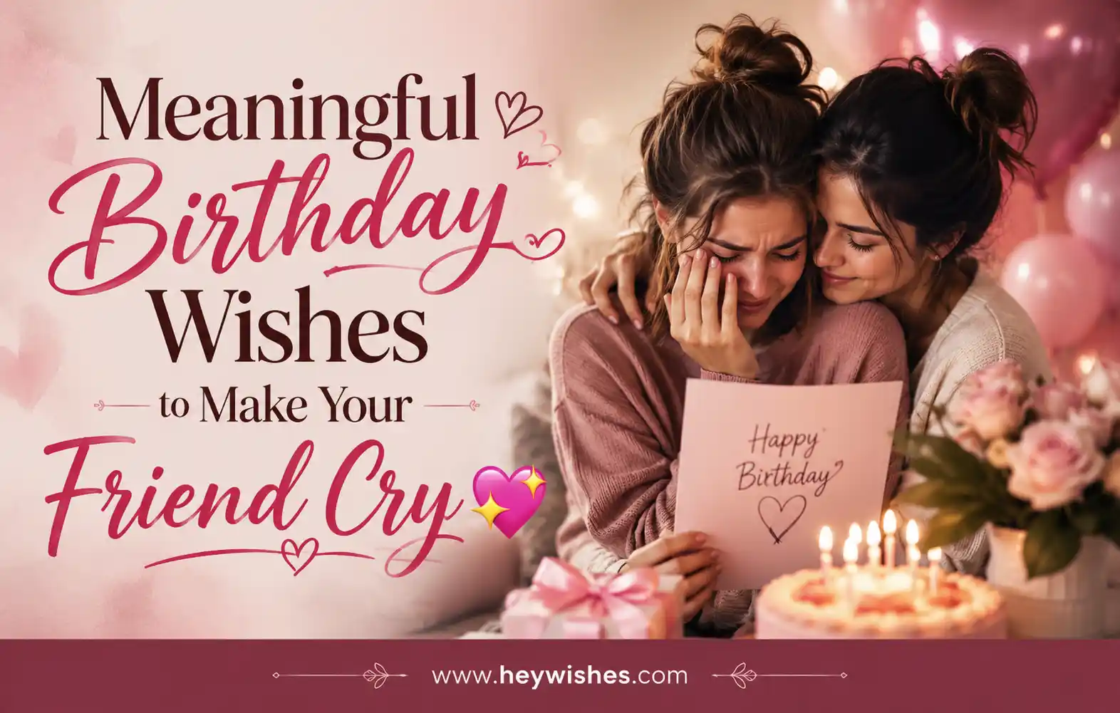 Emotional birthday banner with two best friends hugging, heartfelt wishes text, pink decor, birthday cake, and HeyWishes branding.