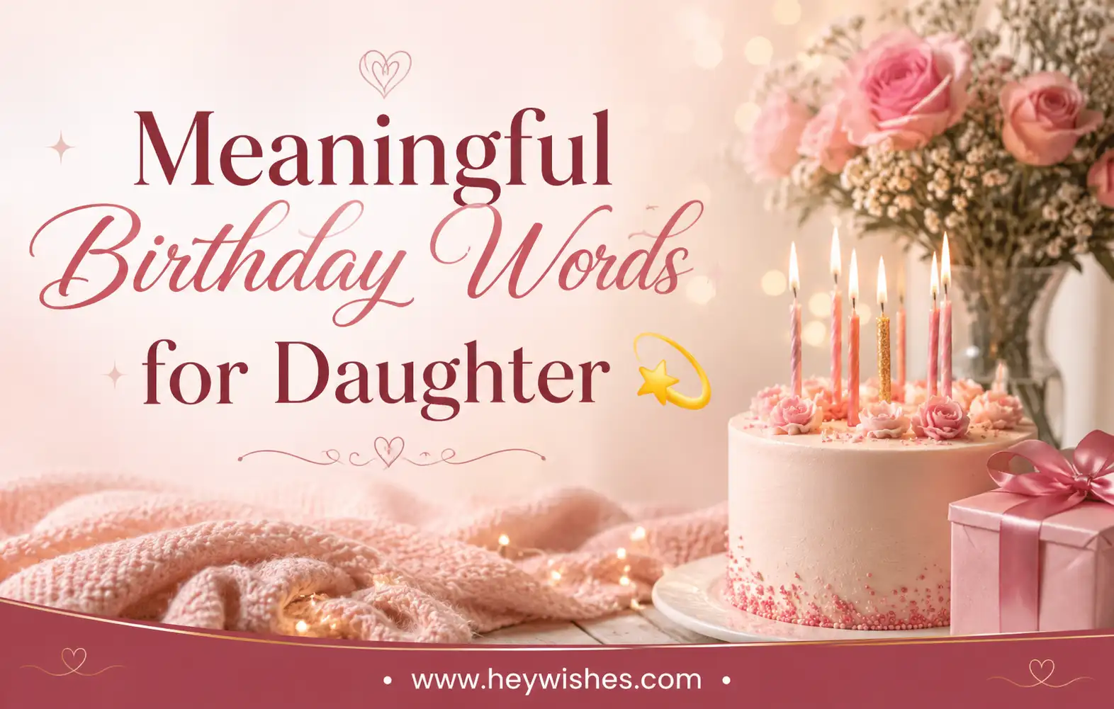 Meaningful Birthday Words for Daughter graphic with elegant typography, pink birthday cake, roses, candles, and dreamy pastel background.