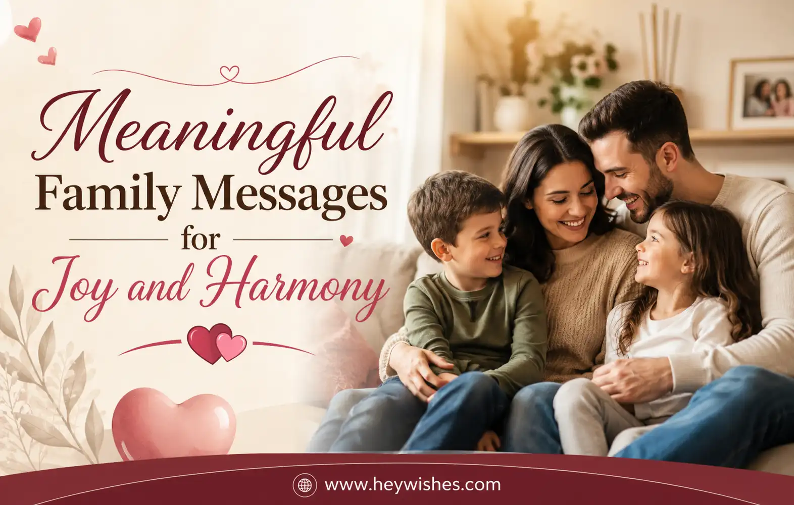 Happy family sitting together in a cozy home with hearts and stylish text, promoting meaningful family messages for joy and harmony.