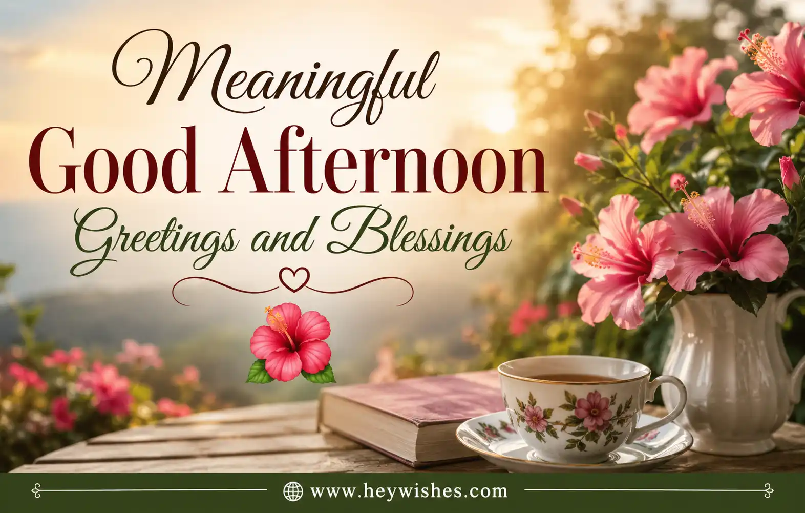 Meaningful good afternoon greetings and blessings banner with blooming flowers, warm sunlight, tea cup, and website footer www.heywishes.com.