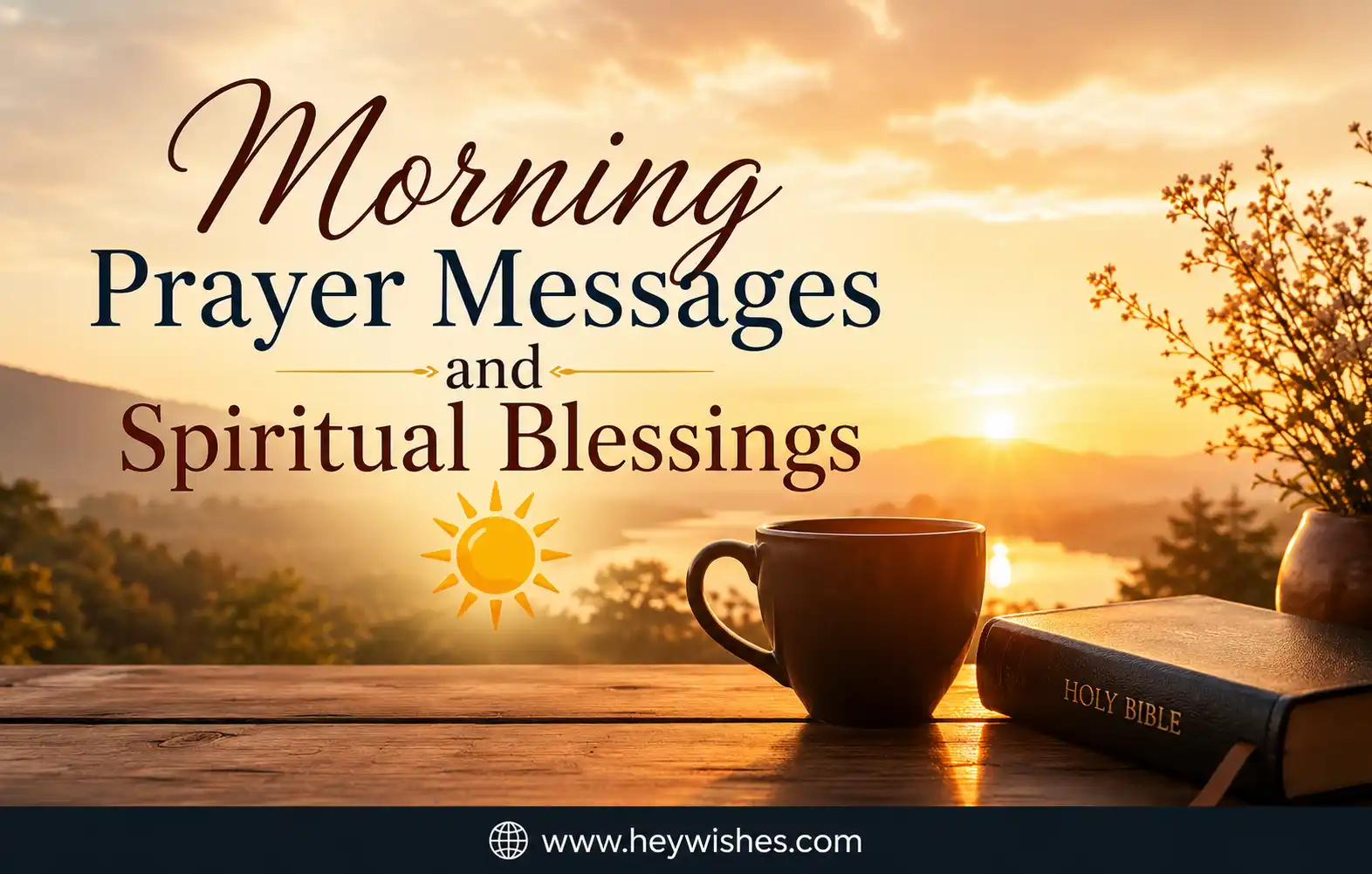 Morning prayer message graphic with sunrise, Bible, and coffee cup, featuring spiritual blessings text and website footer.