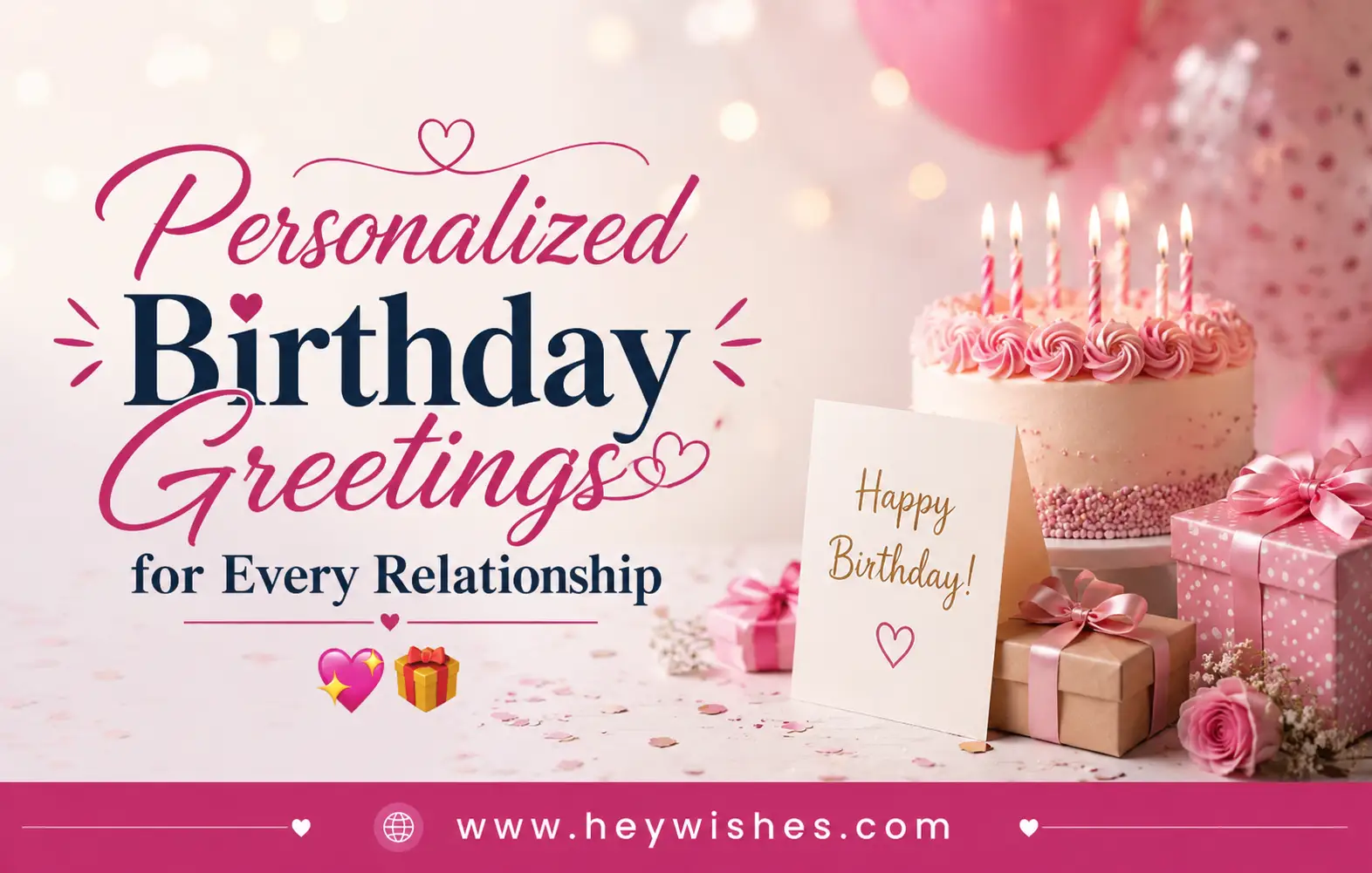 Elegant birthday greeting design with pink cake, gifts, balloons, and stylish typography for every relationship celebration.