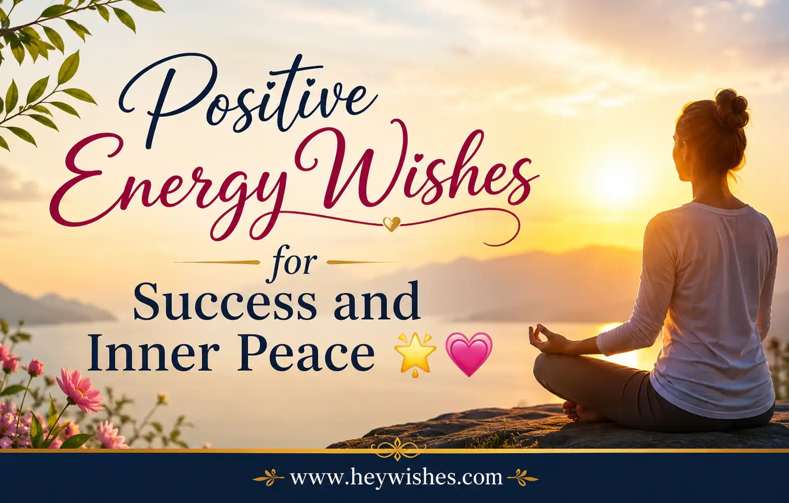 Positive Energy Wishes for Success and Inner Peace with peaceful sunrise meditation background and uplifting inspirational design.