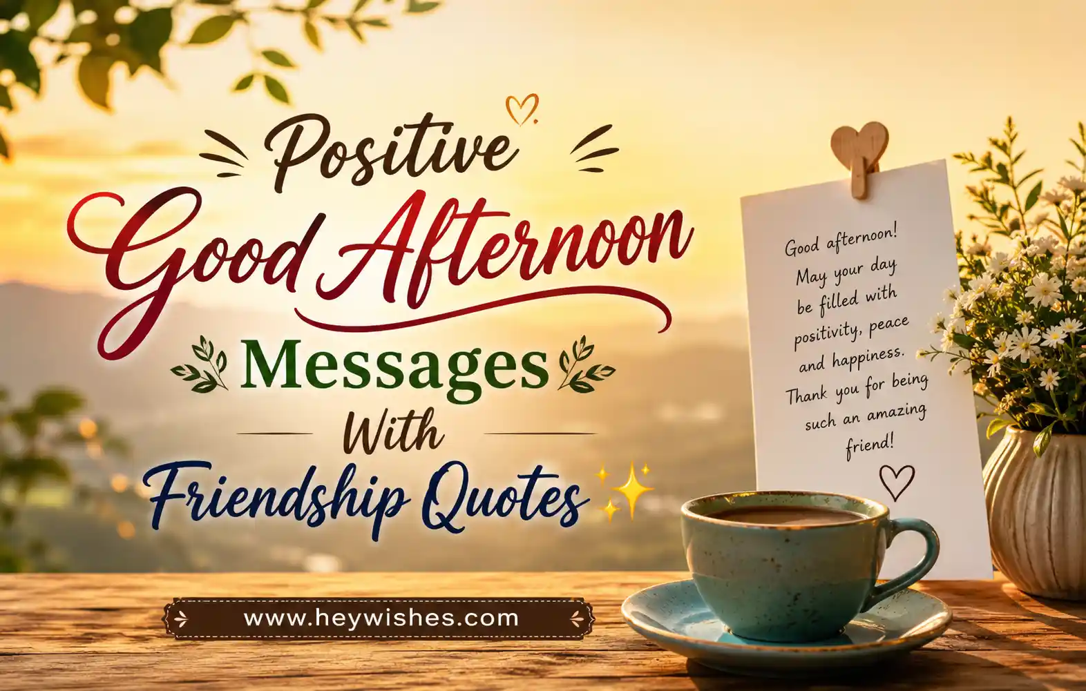 Positive good afternoon friendship quotes graphic with cozy tea, sunset background, uplifting vibes, and warm friendship message.