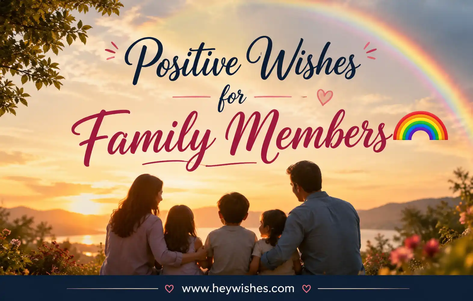 Happy family enjoying a sunset under a rainbow with inspiring “Positive Wishes for Family Members 🌈” text and HeyWishes branding.