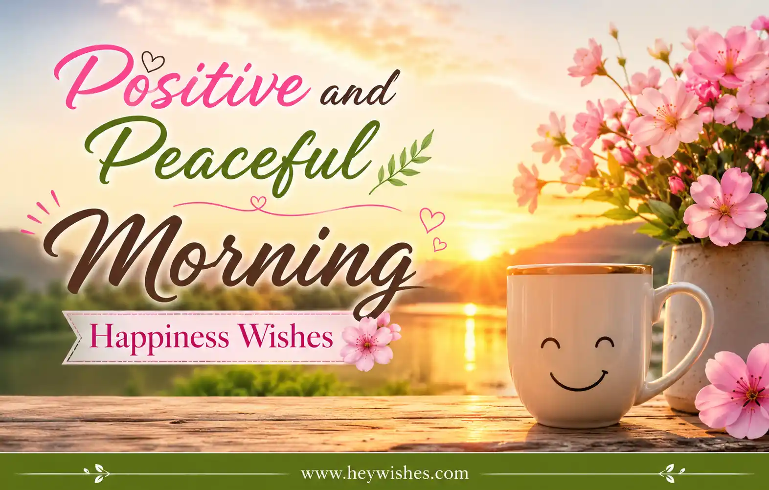 Peaceful morning scene with sunrise, pink flowers, smiling coffee mug, and stylish text “Positive and Peaceful Morning Happiness Wishes”.