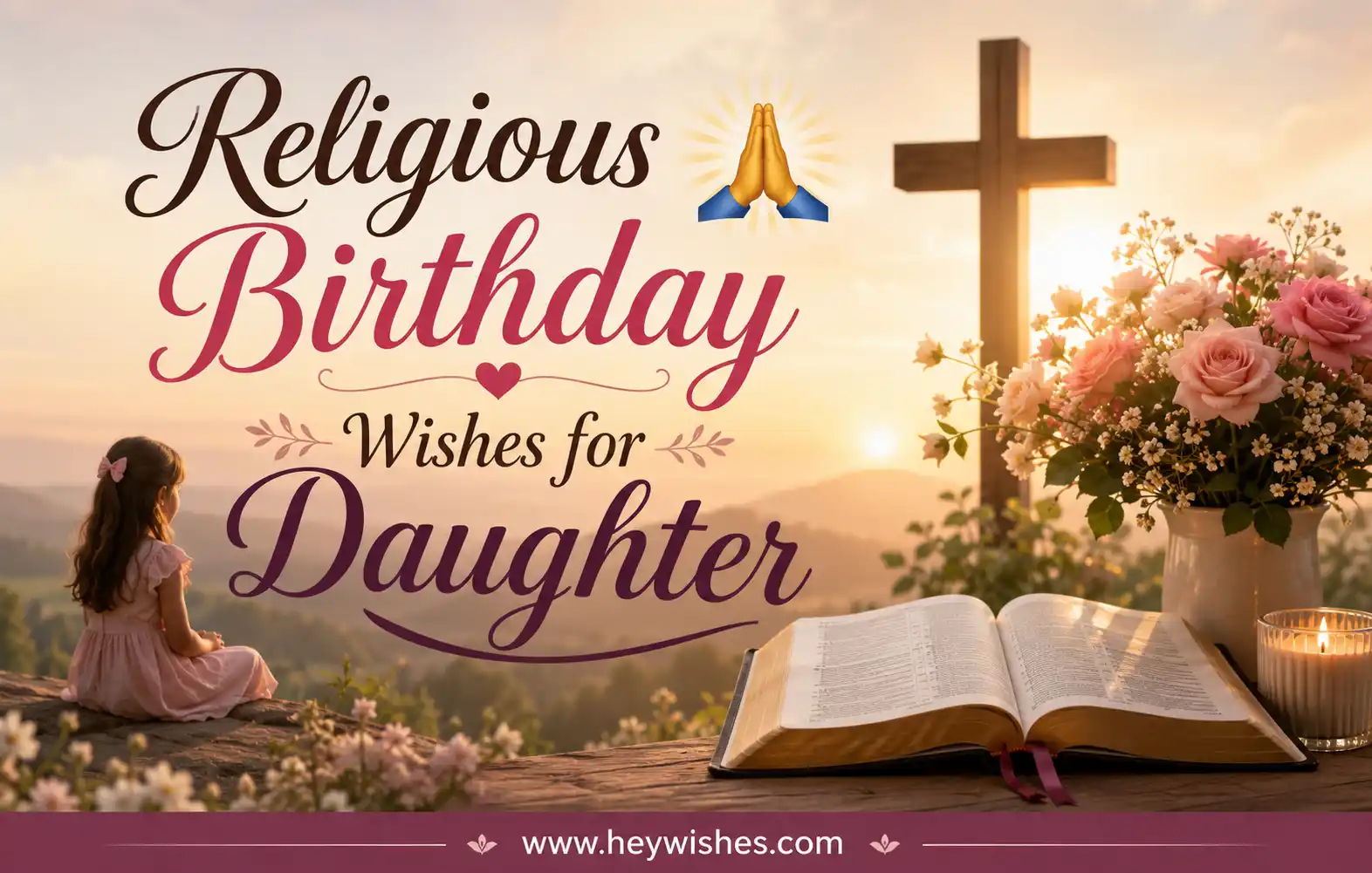 Religious birthday wishes for daughter graphic with cross, Bible, flowers, prayer hands, and peaceful sunrise background.